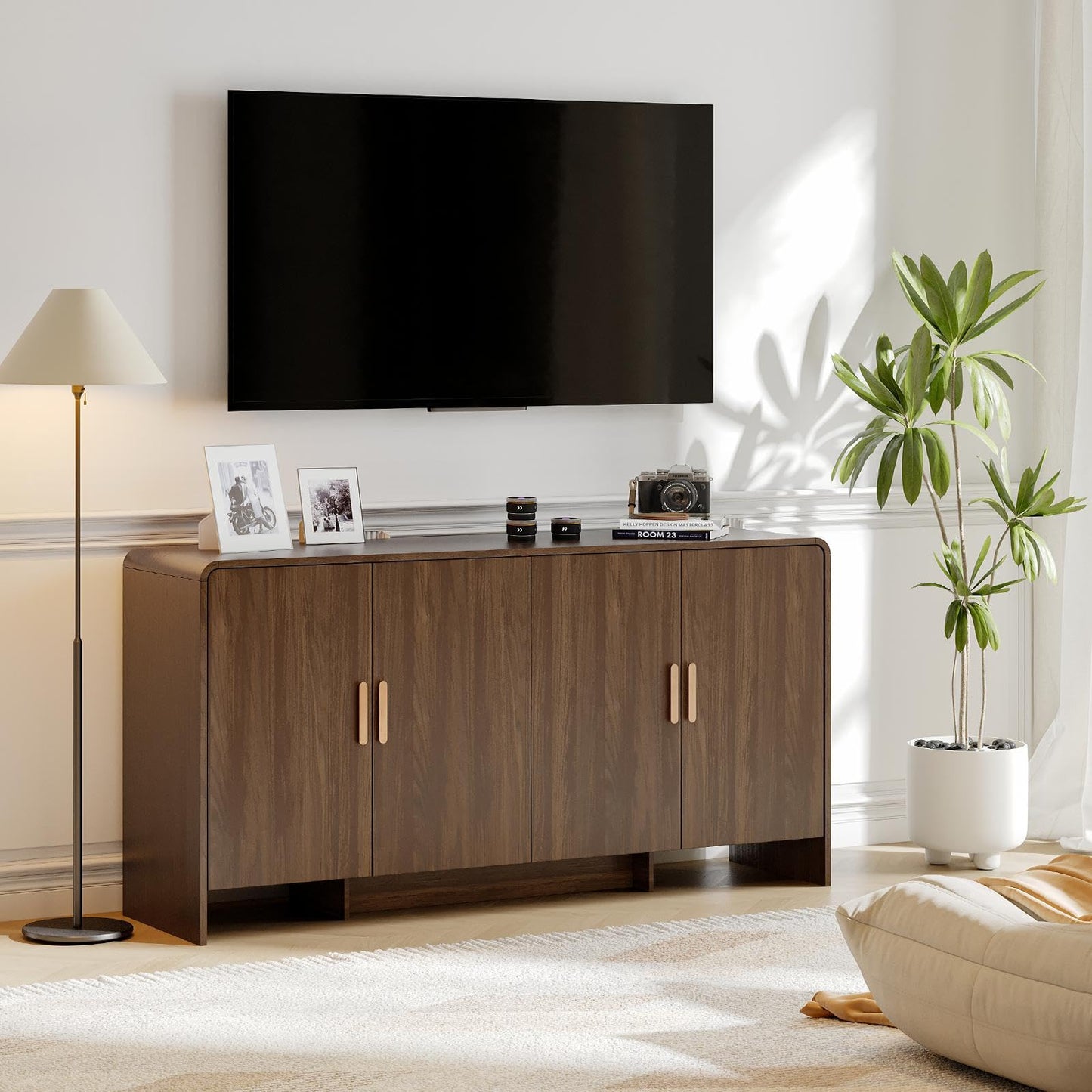 60" Curved Sideboard Buffet Cabinet with 4 Doors and Adjustable Shelves, Farmhouse Coffee Bar Storage for Living Room, Kitchen, or Hallway, Walnut