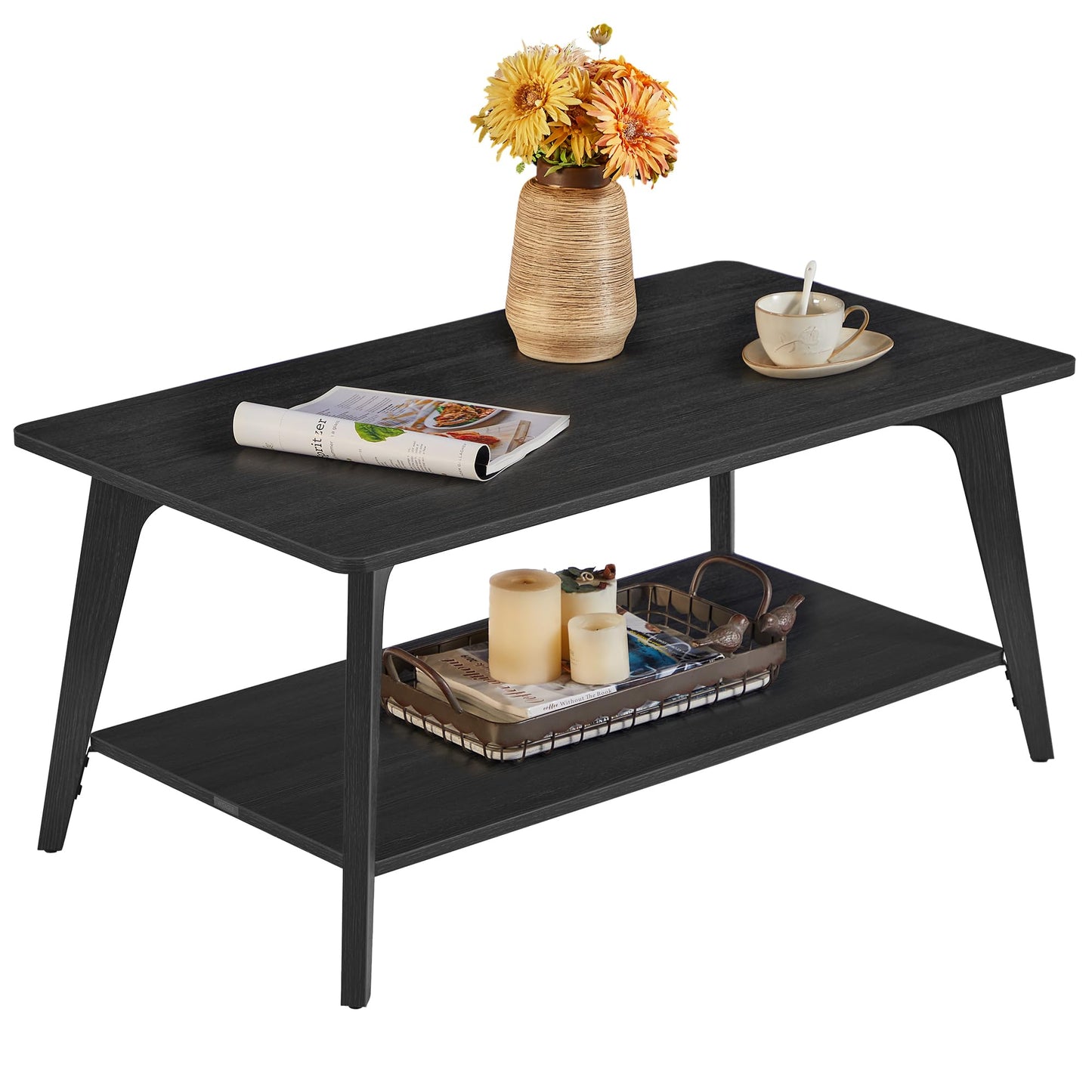 VASAGLE MAEZO Collection 2-Tier Coffee Table with Storage, Tapered Legs & Curved Transitions – 21.7" x 39.4" x 17.7" Modern Center Table for Living Room, Easy Assembly, Charcoal Gray (ULCT249B01)