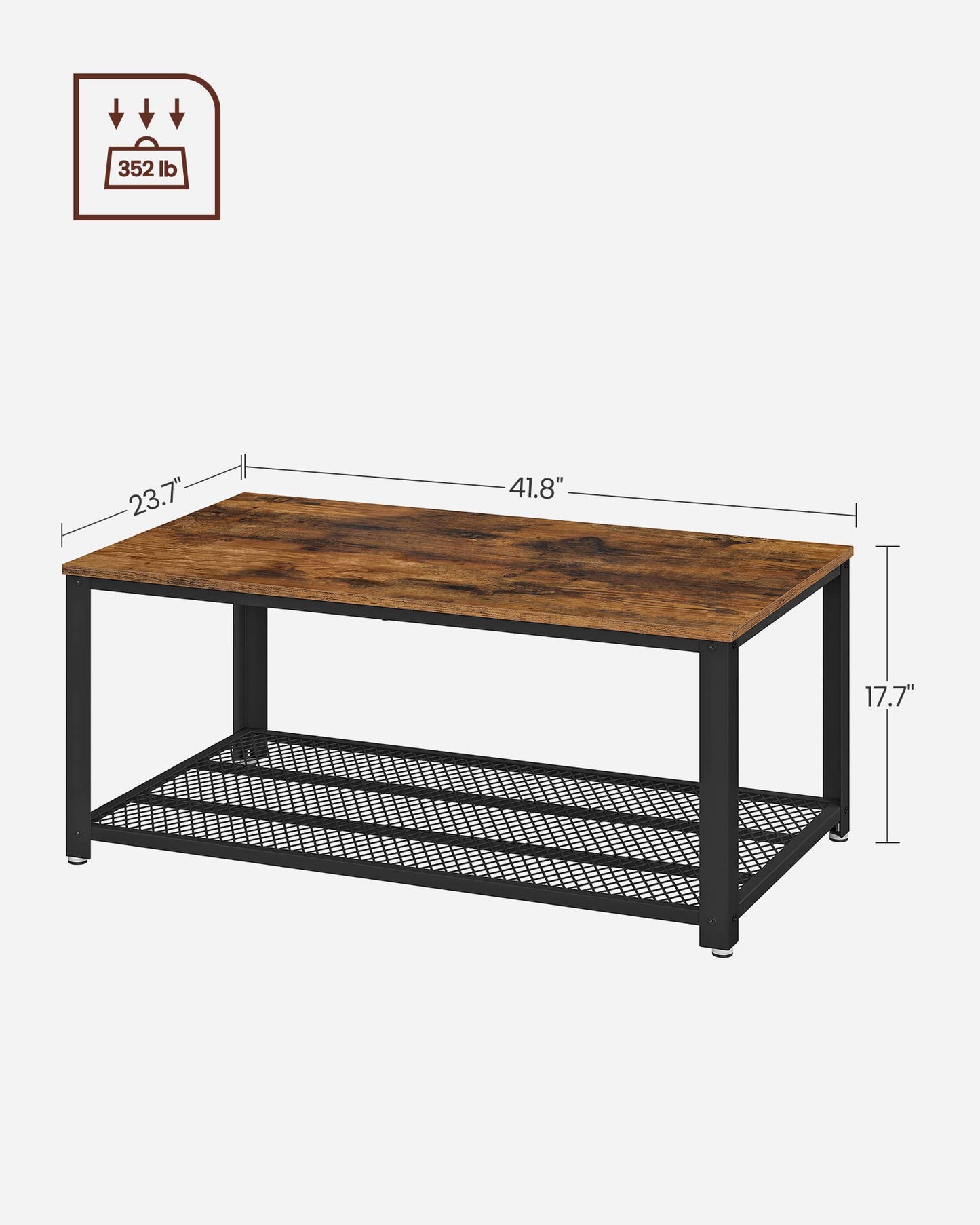 2-Tier Industrial Coffee Table with Mesh Shelf, Steel Frame, Adjustable Feet for Living Room, Rustic Brown/Black