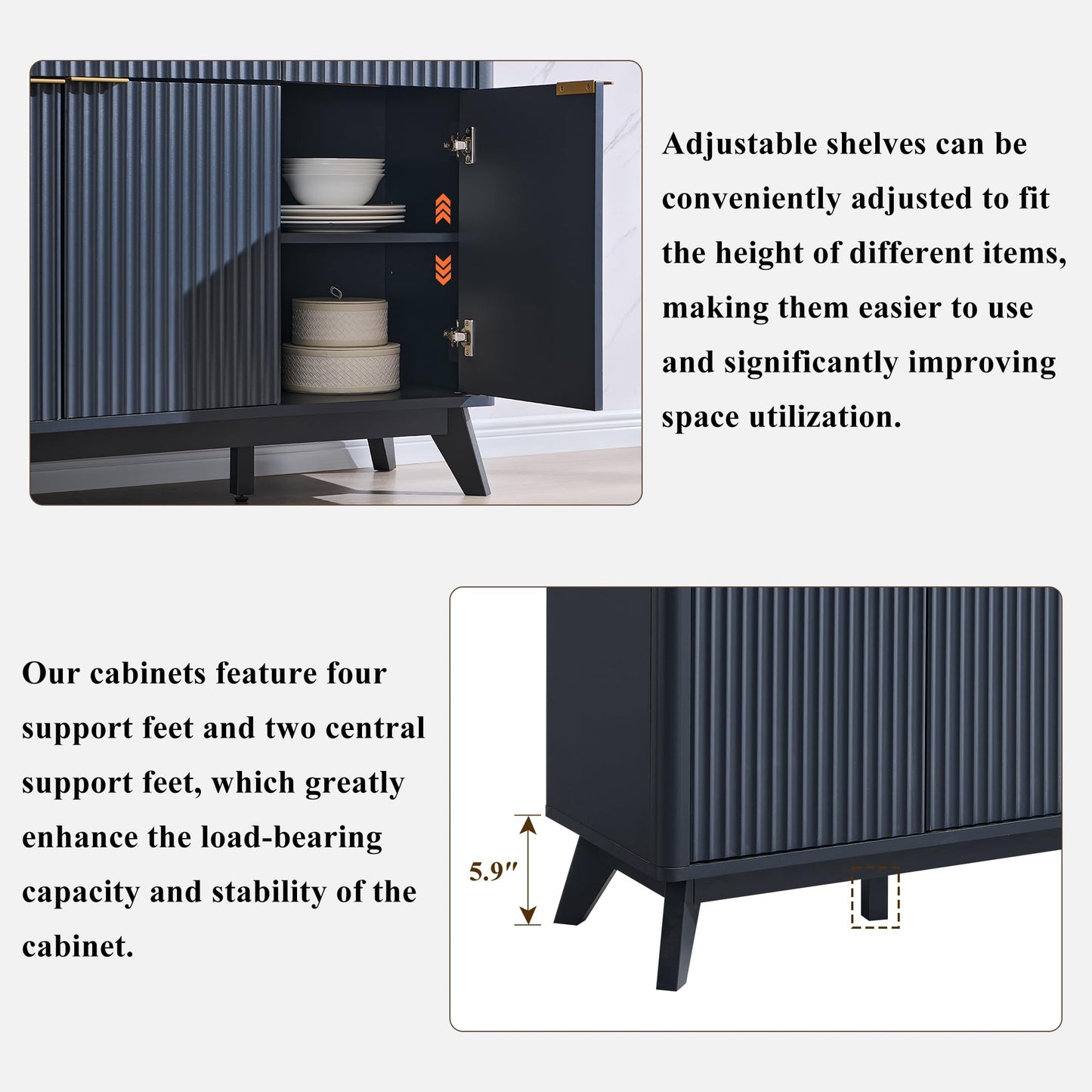 **T4TREAM 60" Fluted Modern Buffet Sideboard Cabinet with Storage, Large Buffet Table with 3 Drawers & 4 Doors for Dining Room, Living Room, or Hallway, Dark Grey**