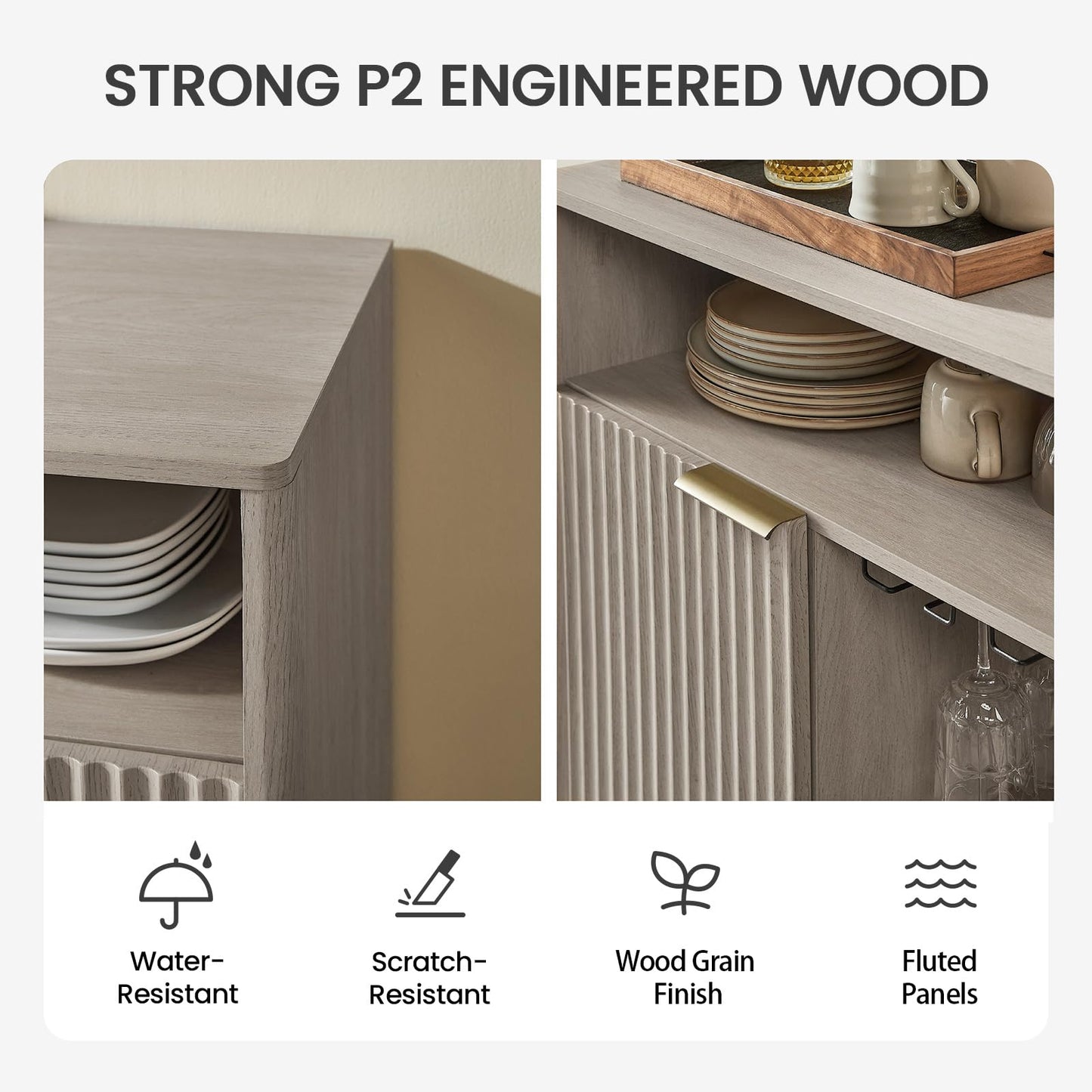 Coffee Bar Cabinet with Wine Glass Rack, 47" Buffet Sideboard with Adjustable Shelves and Soft-Close Hinges, Holds 200 lbs, Grey