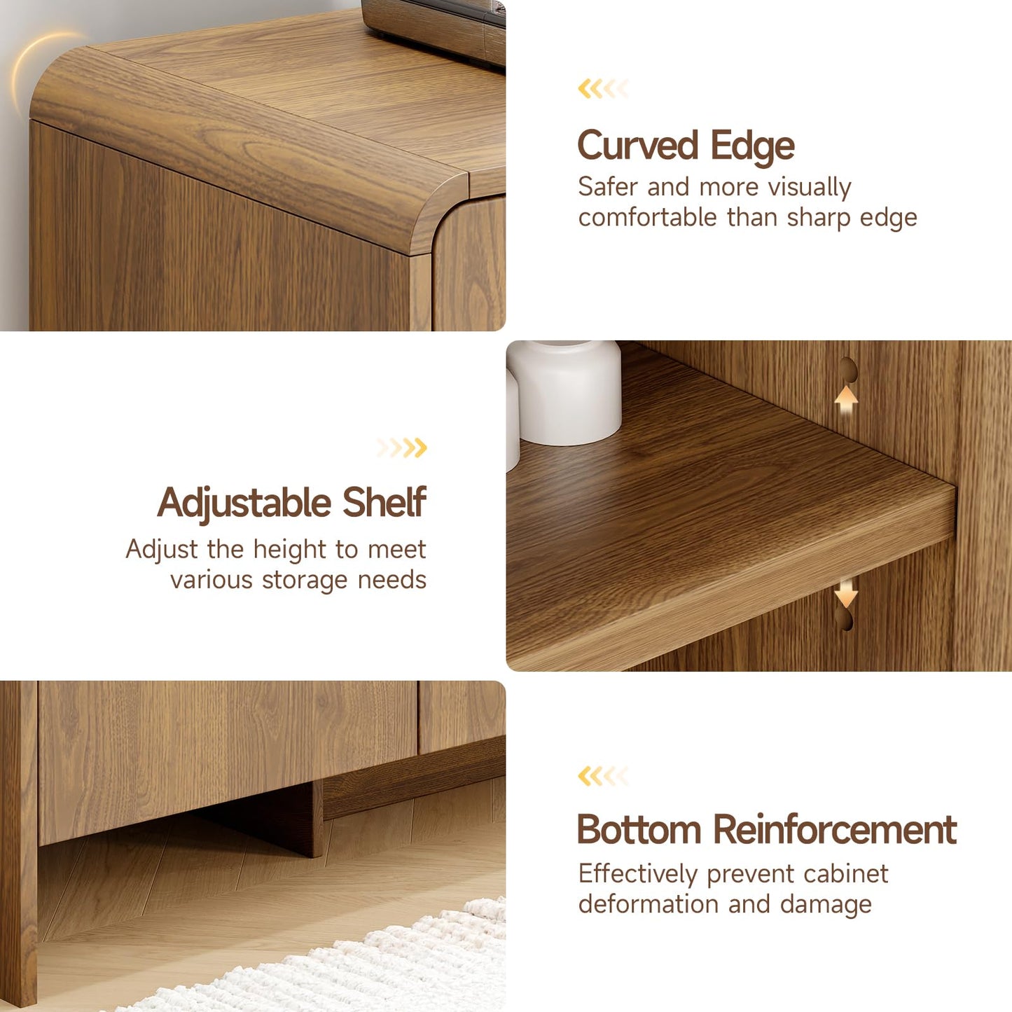 60" Curved Sideboard Buffet Cabinet with 4 Doors and Adjustable Shelves, Farmhouse Coffee Bar Storage for Living Room, Kitchen, or Hallway, Oak