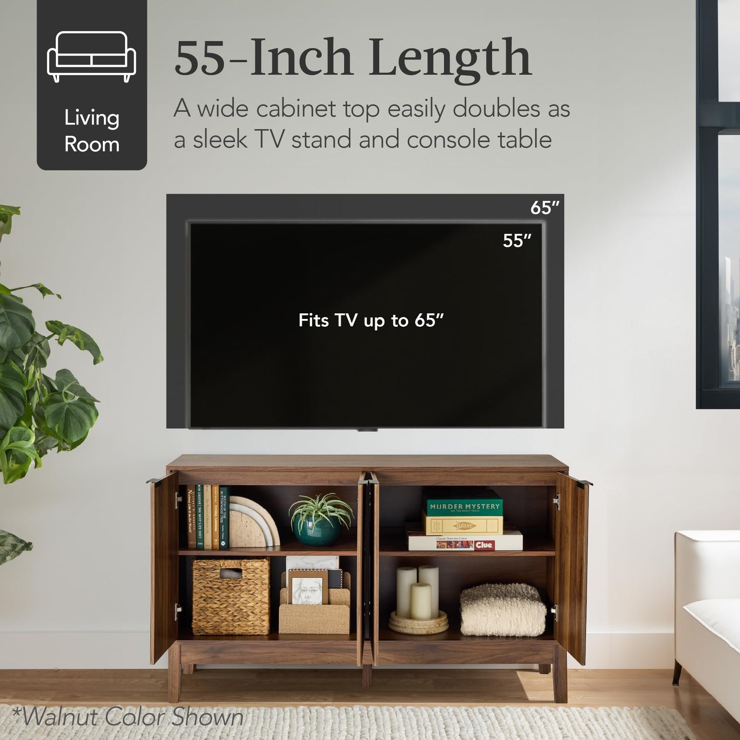 Modern 55" 4-Door Sideboard Storage Cabinet with Reed Panels and Adjustable Shelves, Buffet Media Cabinet for Entryway or Living Room, Black