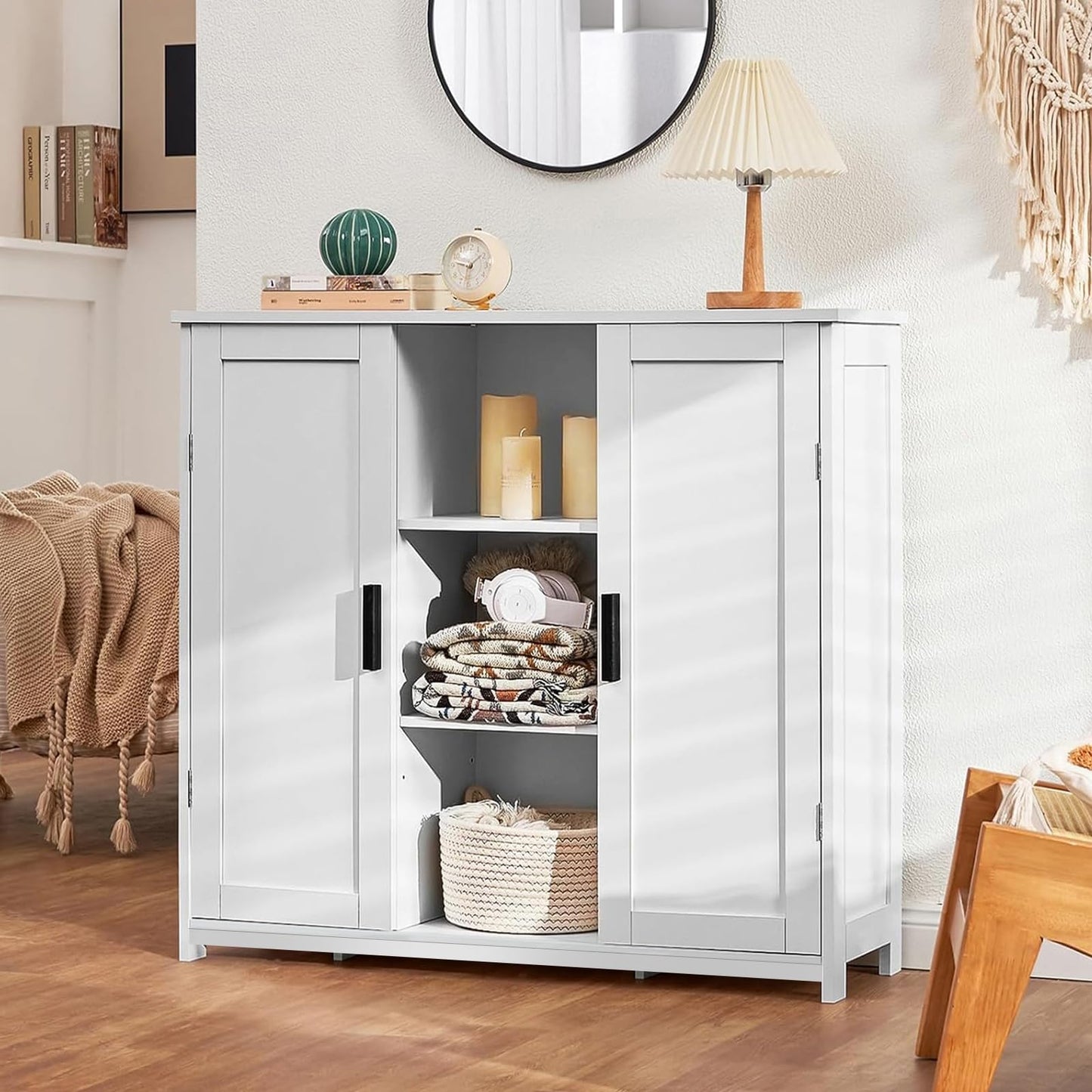 Storage Cabinet with 2 Doors and 4 Shelves, Credenza Buffet Cabinet for Living Room, Entryway, or Home Office, White