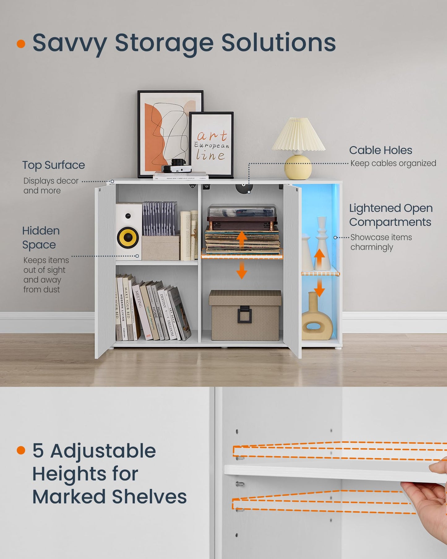 Set of 2 Storage Cabinets with Lighting and Glass Shelf, Superfast Toolless Assembly Accent Buffet Sideboards for Living Room, Snow White
