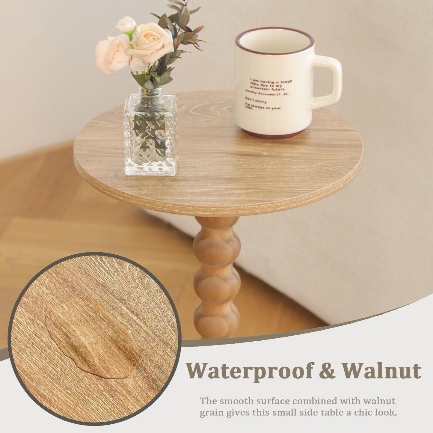 Small Round Side Table, Modern Martini Drink Table with Solid Wood Legs for Living Room, Bedroom, Office, Rustic Walnut