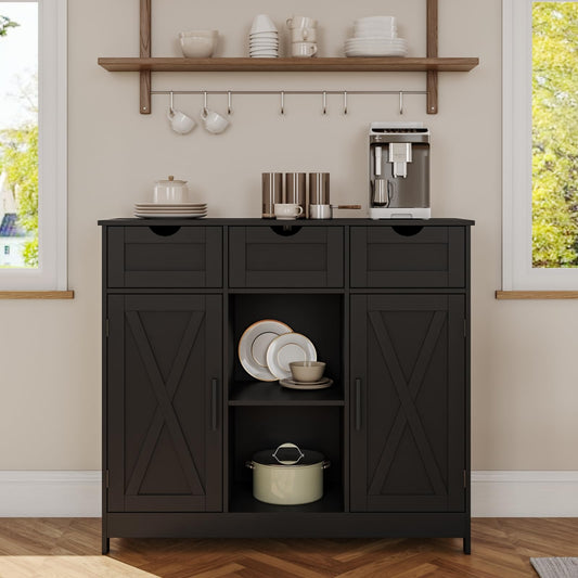 Storage Cabinet with 2 Doors, 3 Drawers, and 2 Adjustable Shelves, Coffee Bar Sideboard for Bathroom, Kitchen, or Living Room, Black