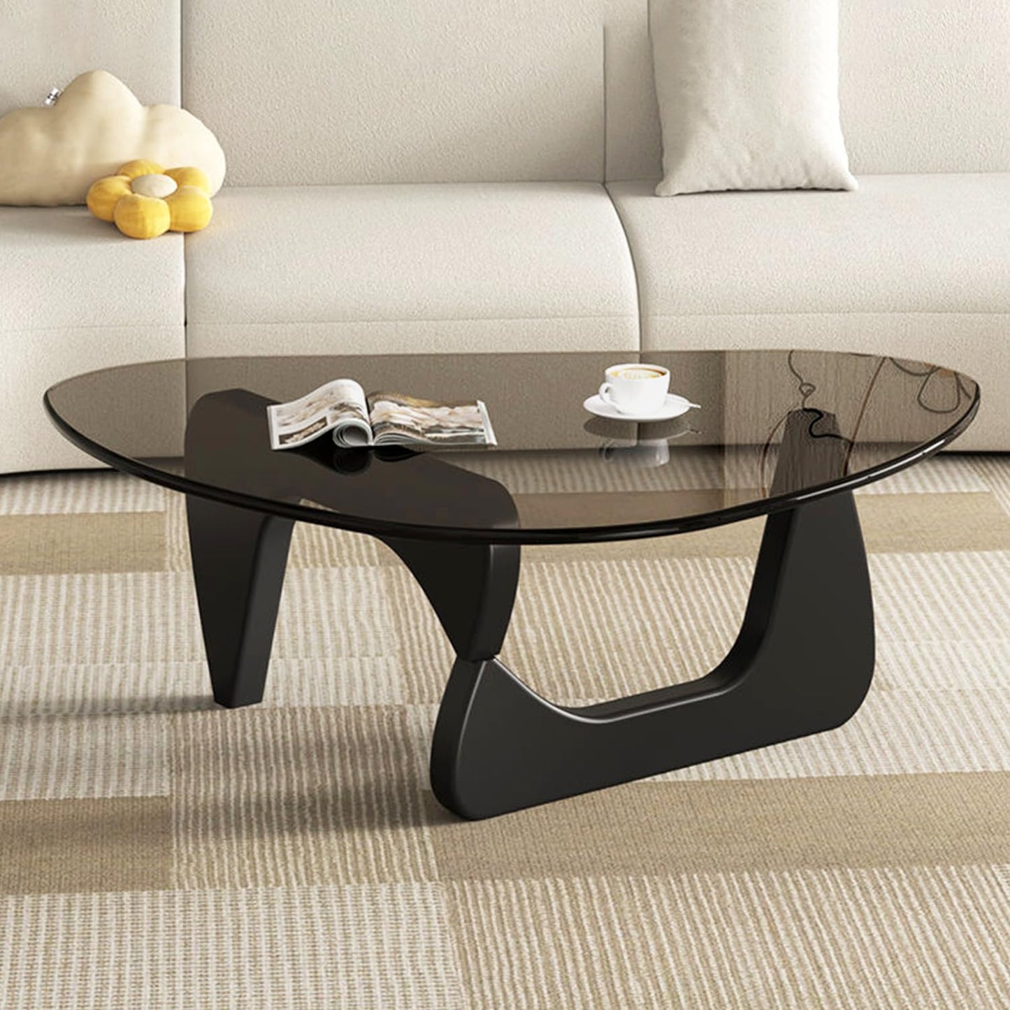 Mid Century Modern Glass Coffee Table, Small Coffee Table for Living Room Bedroom Office, Black/Grey Medium