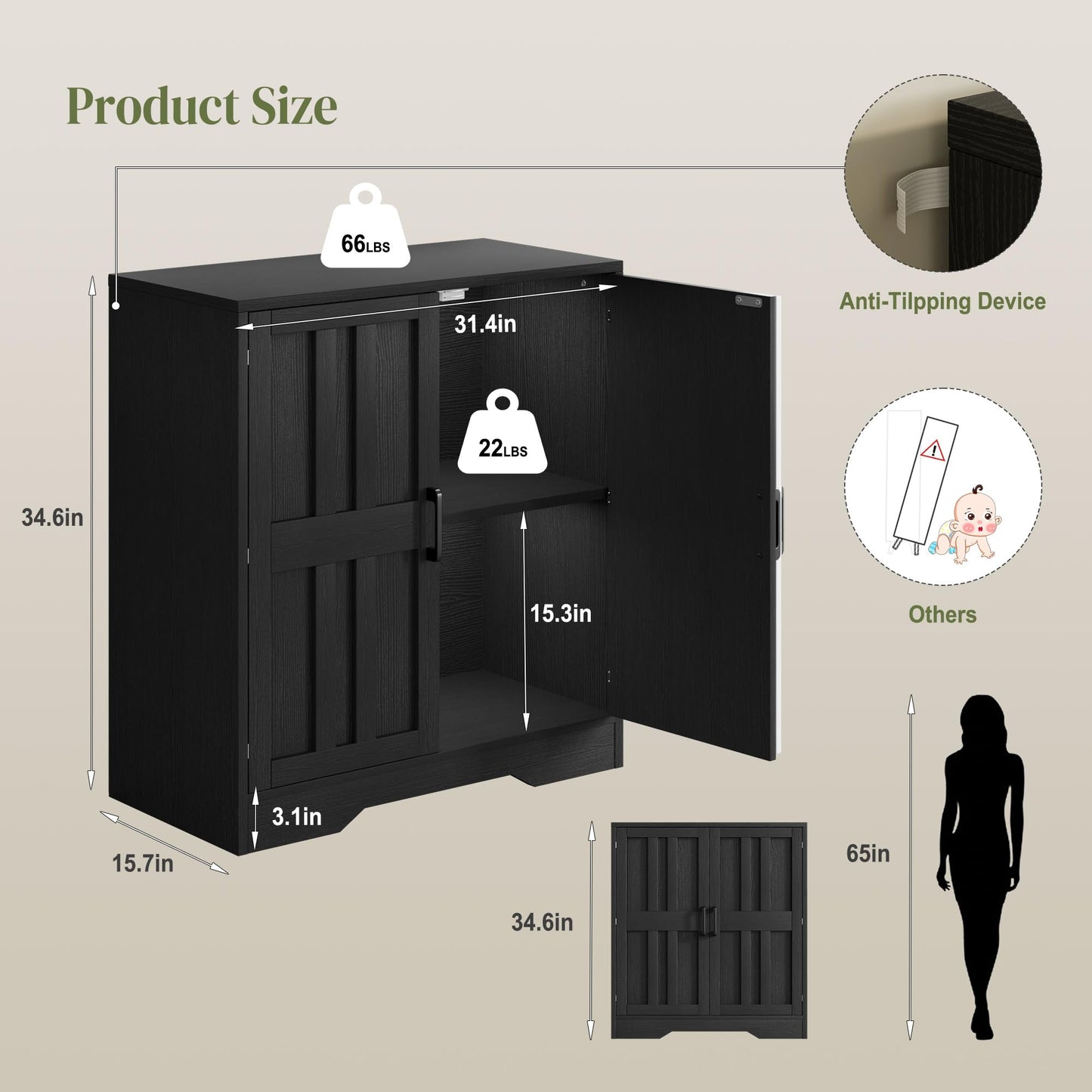 Modern Farmhouse Sideboard Buffet Cabinet, Small Modular Storage Console Table for Kitchen, Dining, Living Room, Entryway, or Hallway