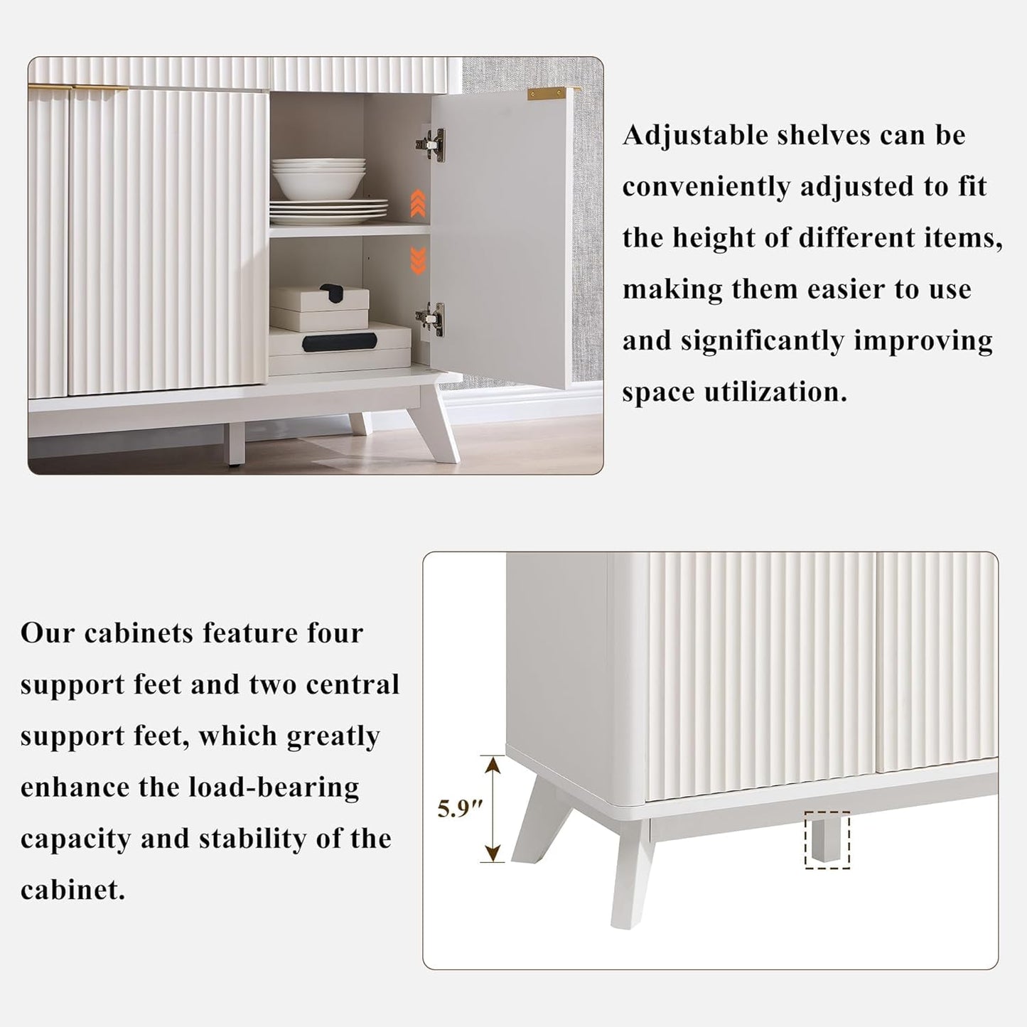 **T4TREAM 60" Fluted Modern Buffet Sideboard Cabinet with Storage, Large Buffet Table with 3 Drawers & 4 Doors for Dining Room, Living Room, or Hallway, Solid White**