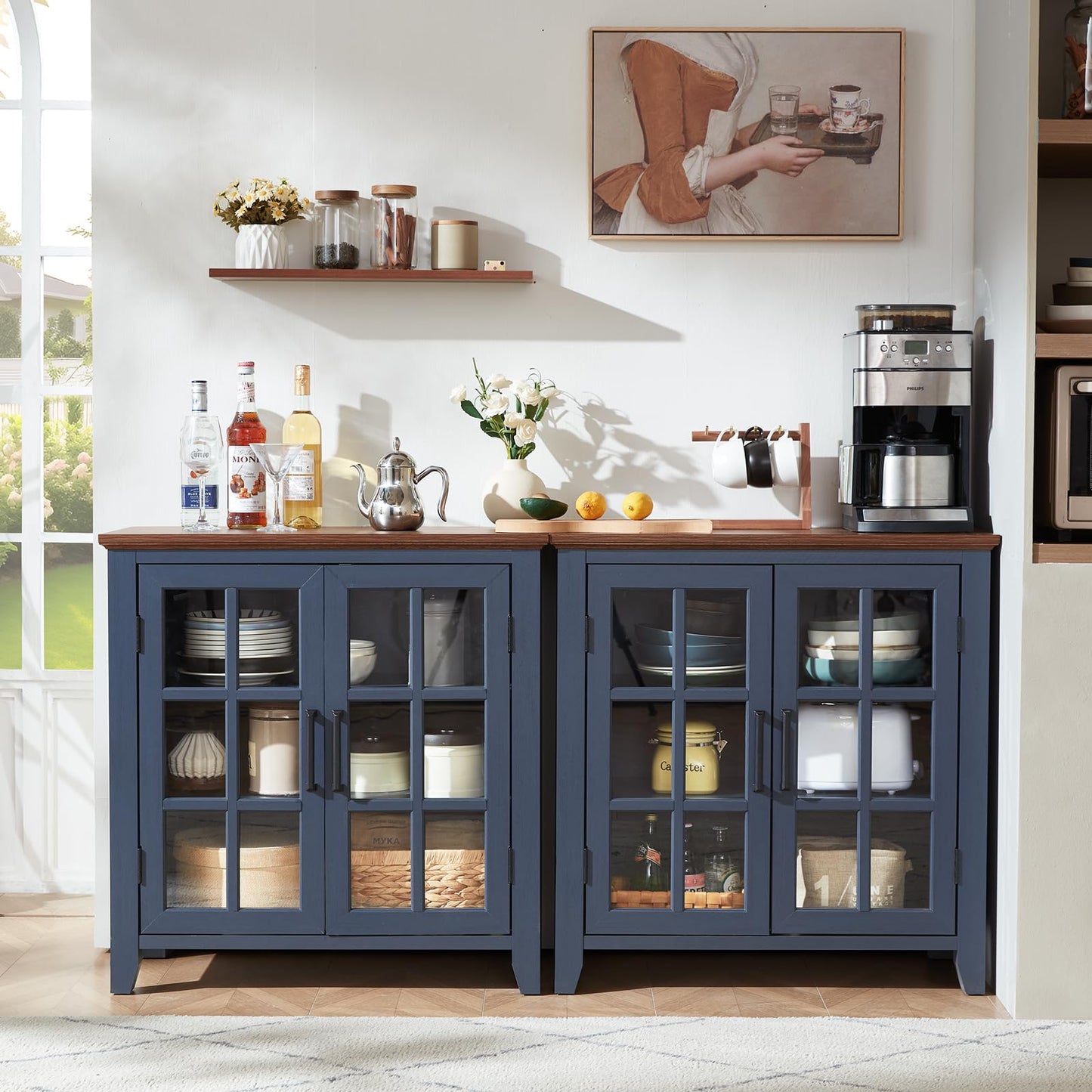 **32" Large Farmhouse Sideboard Buffet Cabinet with Storage, Wood Coffee & Wine Bar Cabinet with 2 Glass Doors, Mid-Century Modern Sideboard for Dining Room or Living Room, Navy Blue**