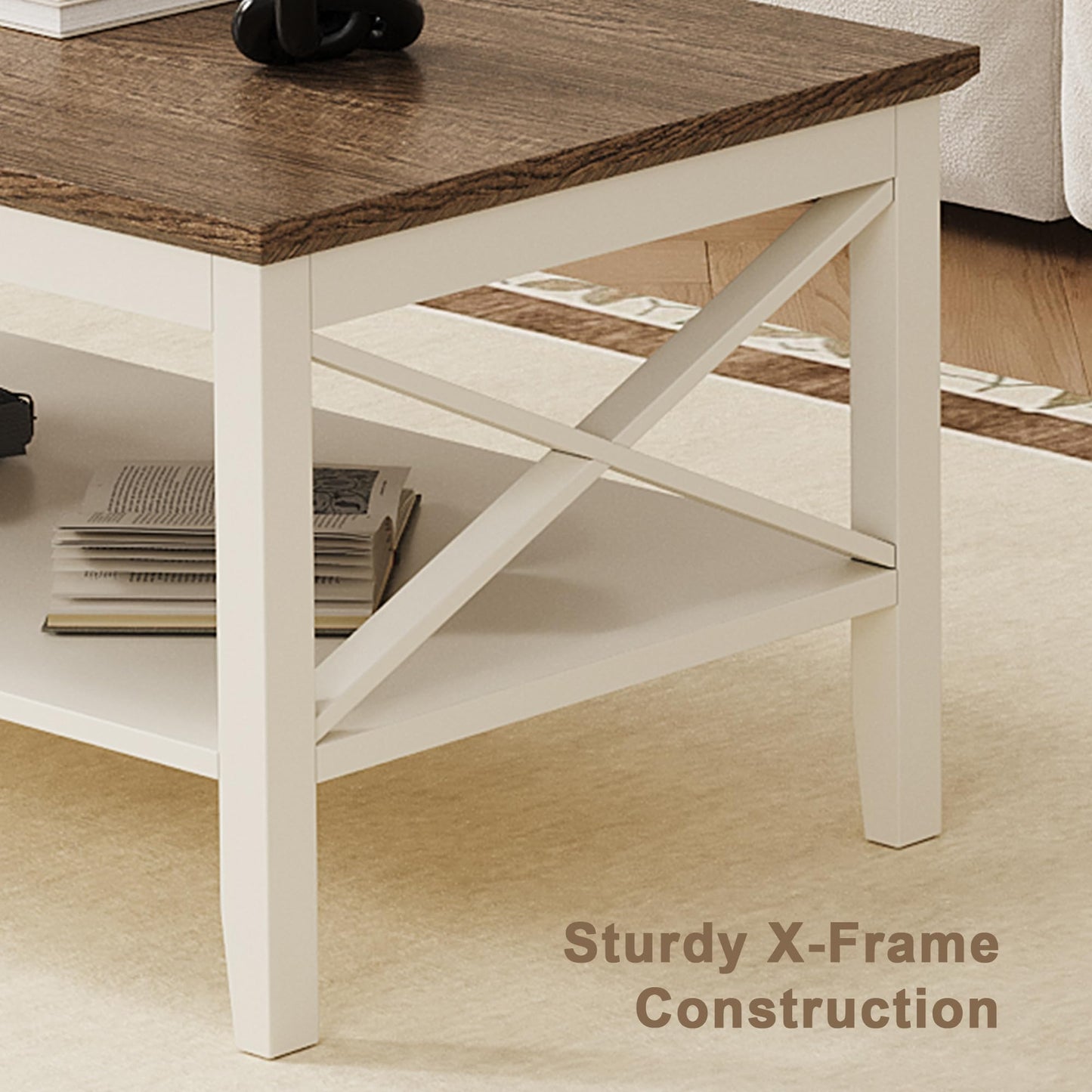 White Wooden Farmhouse Coffee Table with Thick Legs and Storage for Living Room