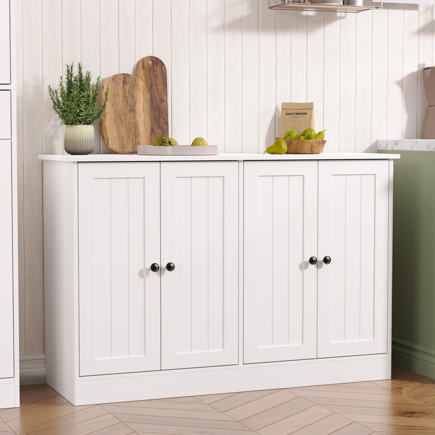 47" Sideboard Buffet Cabinet with 4 Doors, Modern Farmhouse Coffee Bar Storage Table for Kitchen, Dining, or Living Room, White