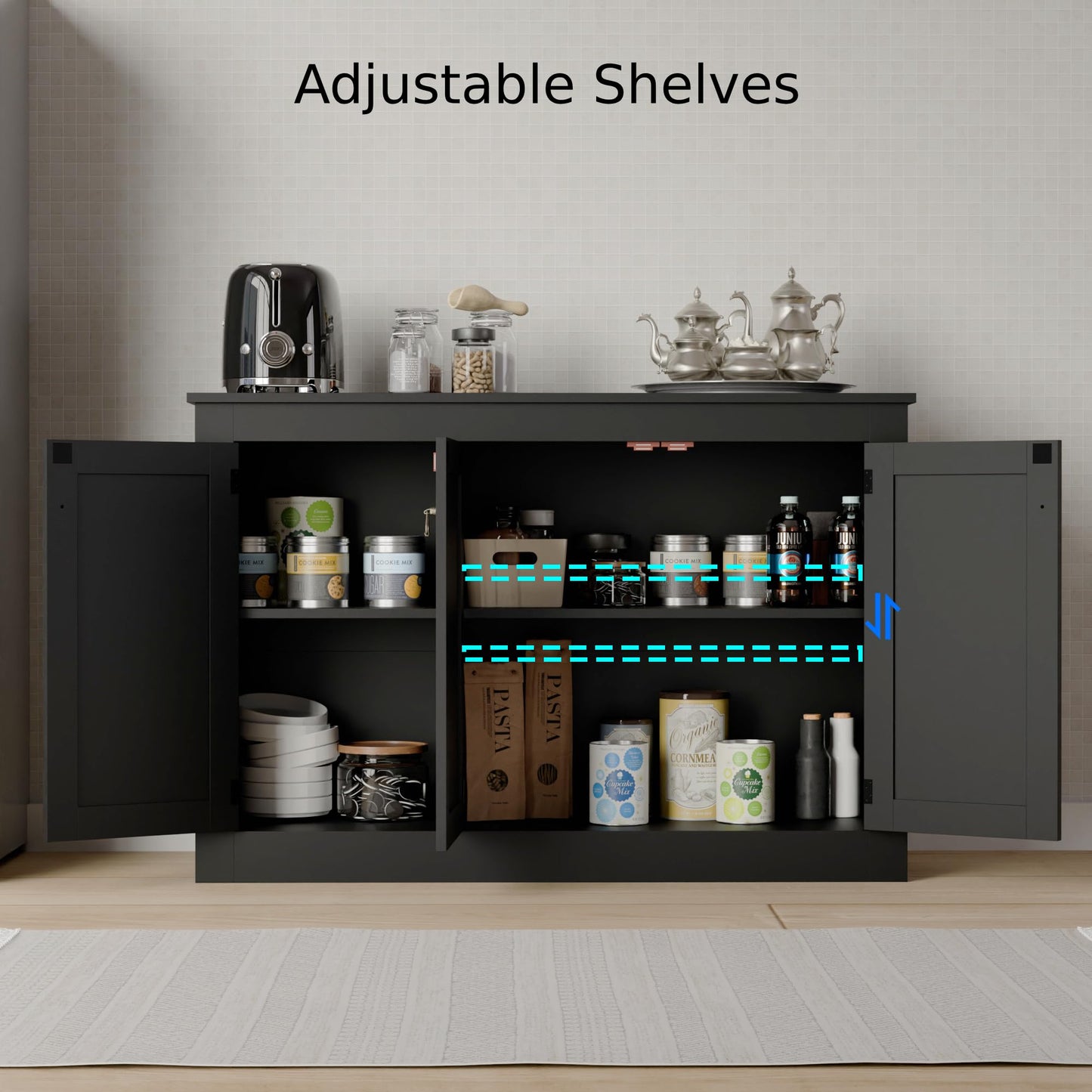 44.5" Black Buffet Cabinet with Storage, Wood Console Table Coffee Bar Sideboard for Kitchen, Dining, Living Room, or Entryway