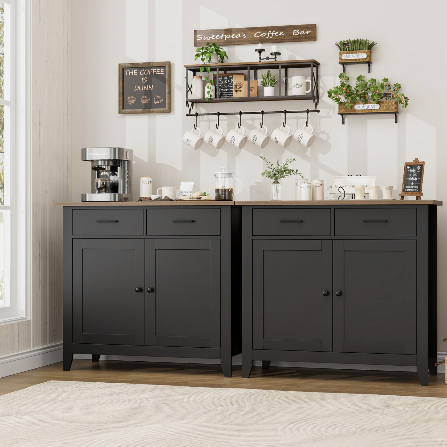 HORSTORS Modern Farmhouse Buffet Cabinet with Storage, Kitchen Sideboard Coffee Bar with 2 Drawers and 2 Doors, Floor Storage Cabinet for Living Room, Dining Room, or Bathroom, Black/Rustic Brown