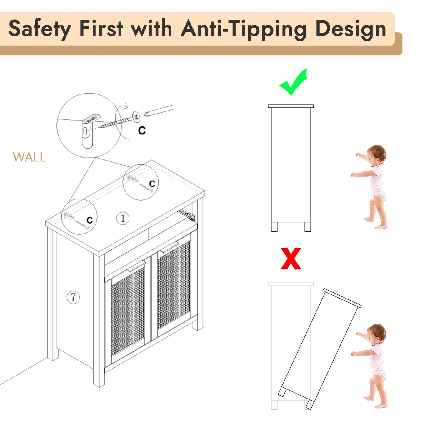 Boho Rattan Sideboard Buffet Cabinet with Doors and Drawer, Farmhouse Storage Credenza with Adjustable Shelf for Living Room, Hallway, or Kitchen, Black