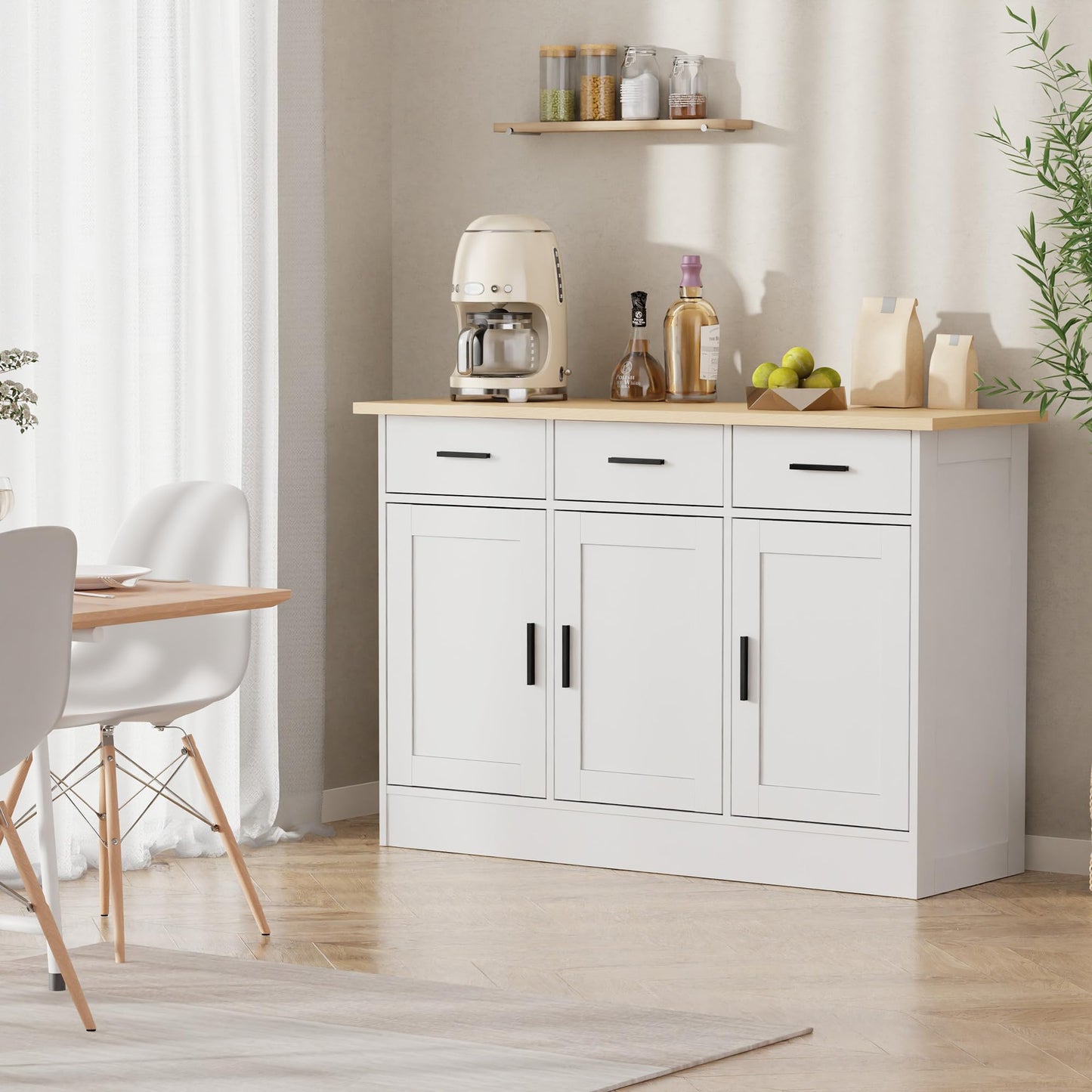 White Buffet Cabinet with Storage, Modern Wooden Narrow Sideboard Credenza with Doors for Entryway or Living Room