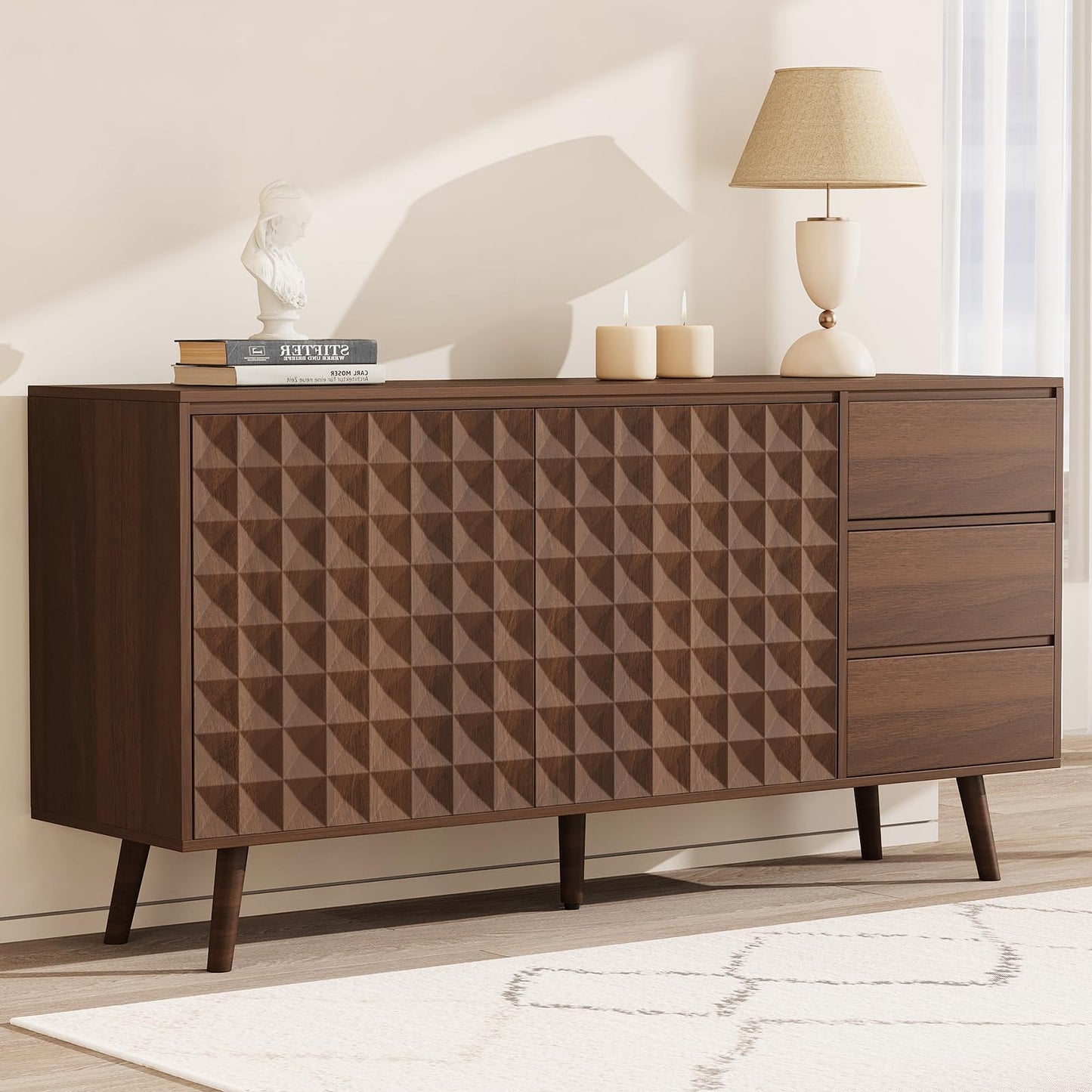 **59.8" Large Buffet Cabinet with 2 Doors and 3 Drawers, Diamond-Pattern Console Table for Kitchen or Dining Room Storage**