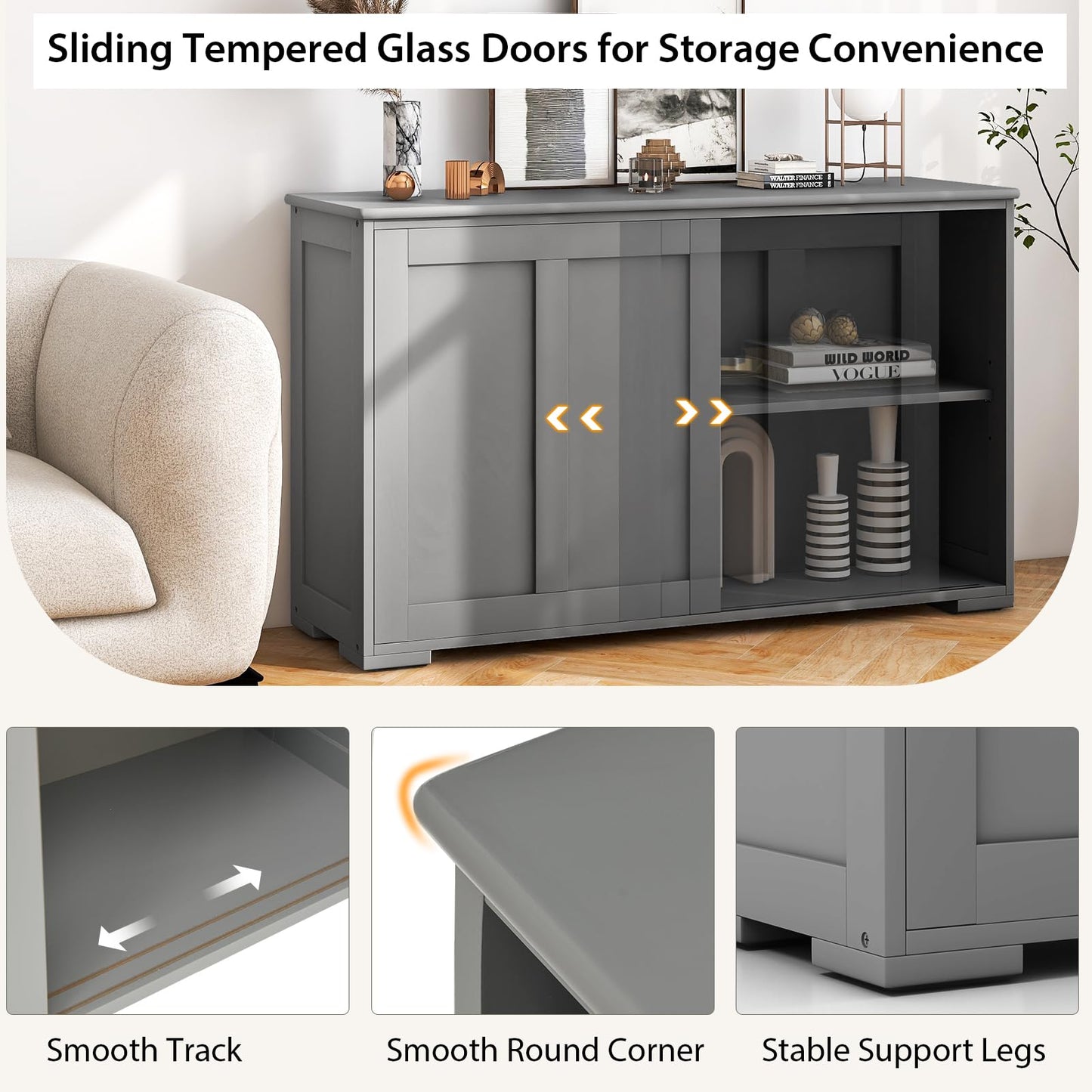 Wooden Sideboard Buffet Cabinet with Adjustable Shelf and Sliding Barn Door, Kitchen Storage and Coffee Bar Console Table for Living Room, Dining Room, or Hallway, Grey