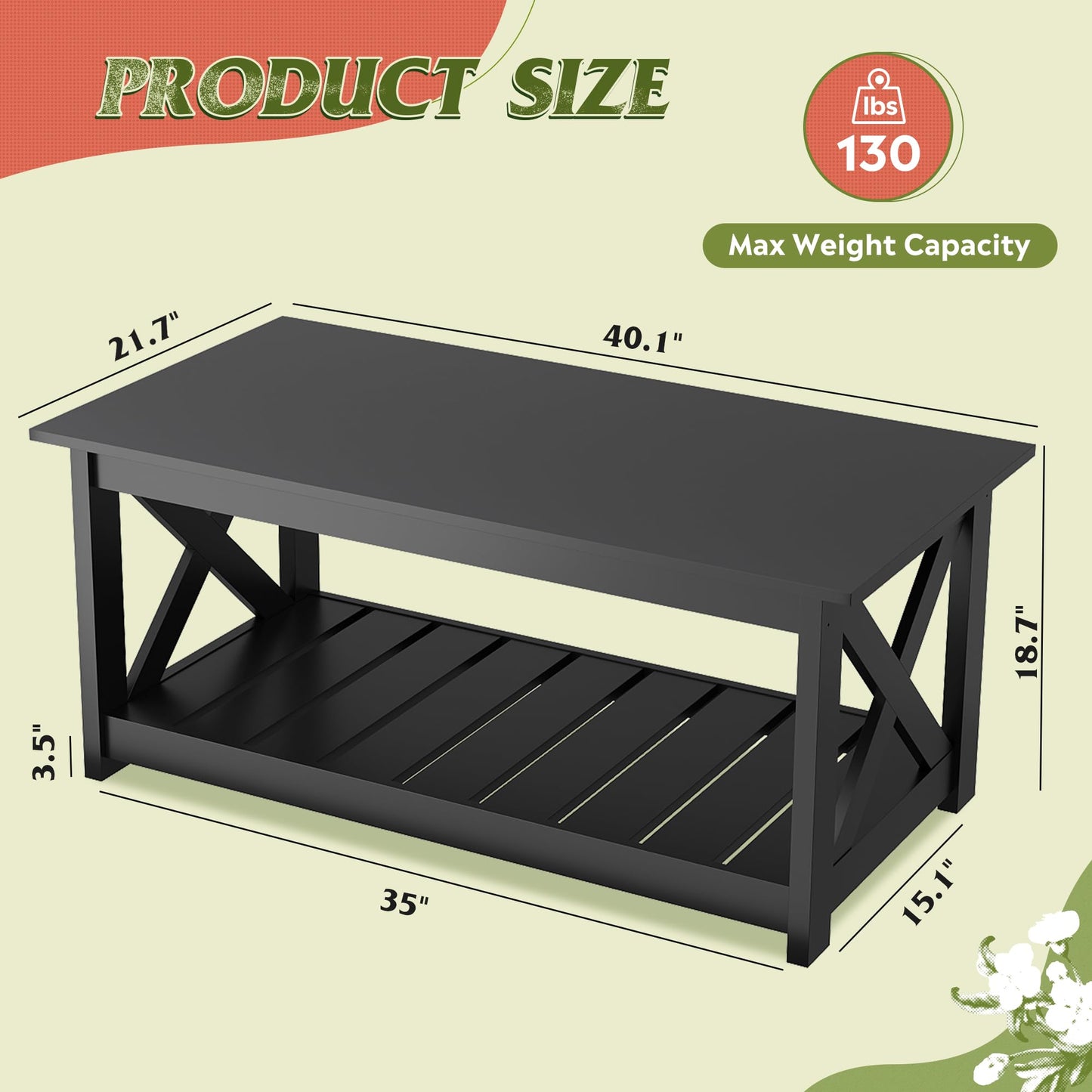 WLIVE 40.1" Farmhouse Coffee Table – 2-Tier Wood Center Table with Slatted Storage Shelf & X-Frame, Living Room or Balcony, Black