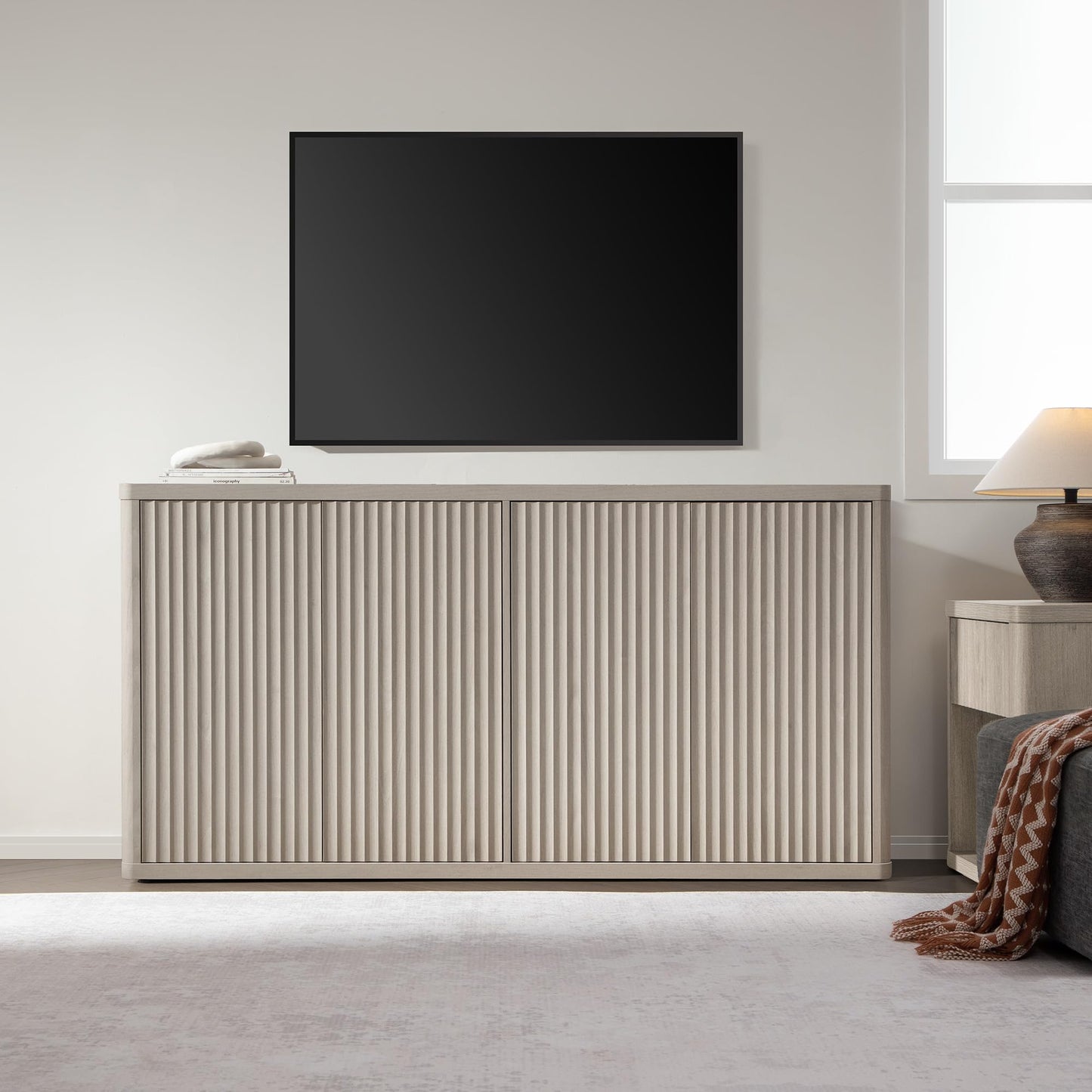 SICOTAS 66.3" Fluted Buffet Cabinet with Storage, Modern Sideboard with 4 Doors, Wide Credenza Buffet Table Media Console Cabinet for Entryway, Kitchen, Dining Room, Living Room, or Hallway