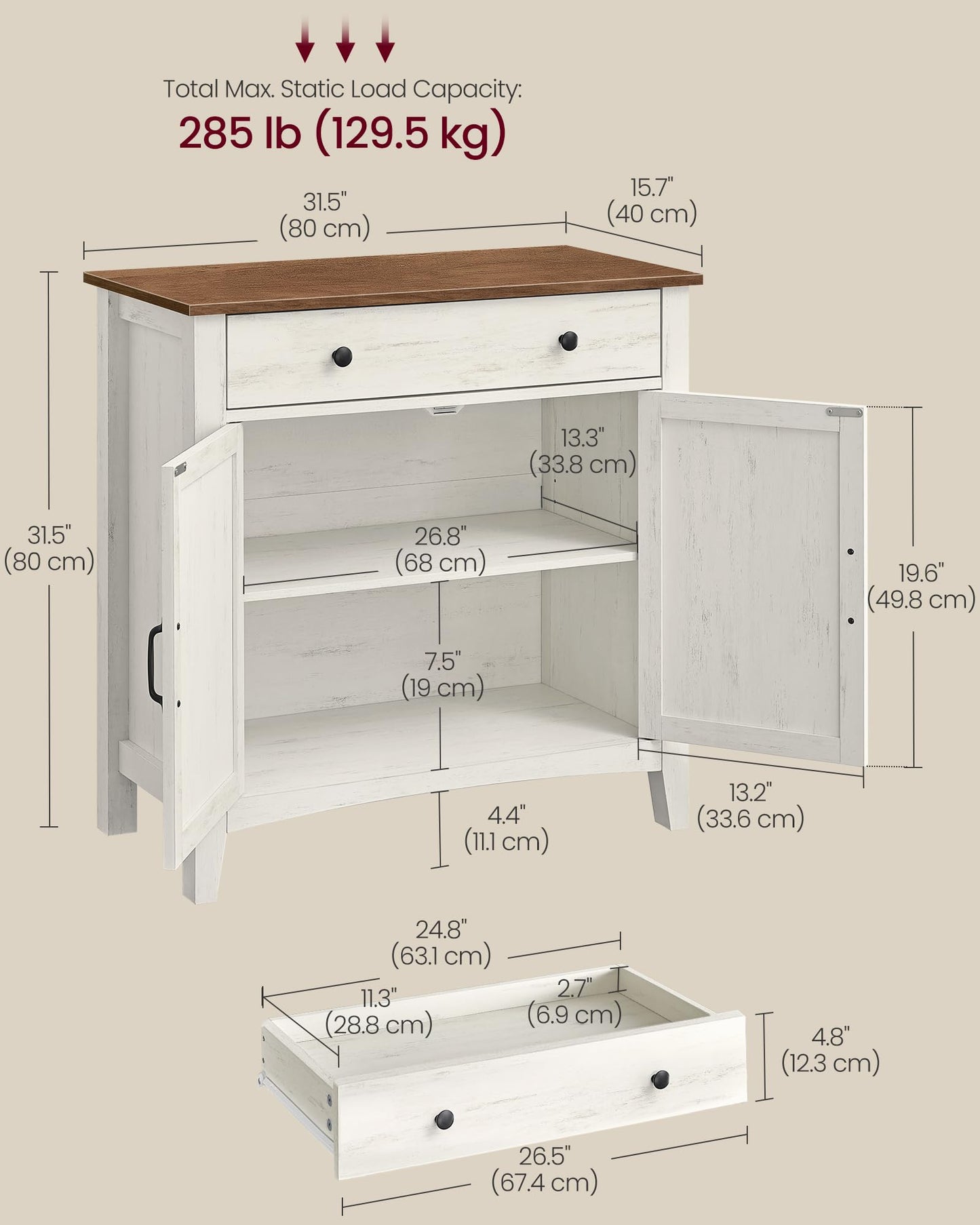 **Buffet Cabinet, Coffee Bar Cabinet with Drawer, Adjustable Shelf, Sideboard Storage with Cable Hole and Drawer Divider, Rustic White and Honey Brown**