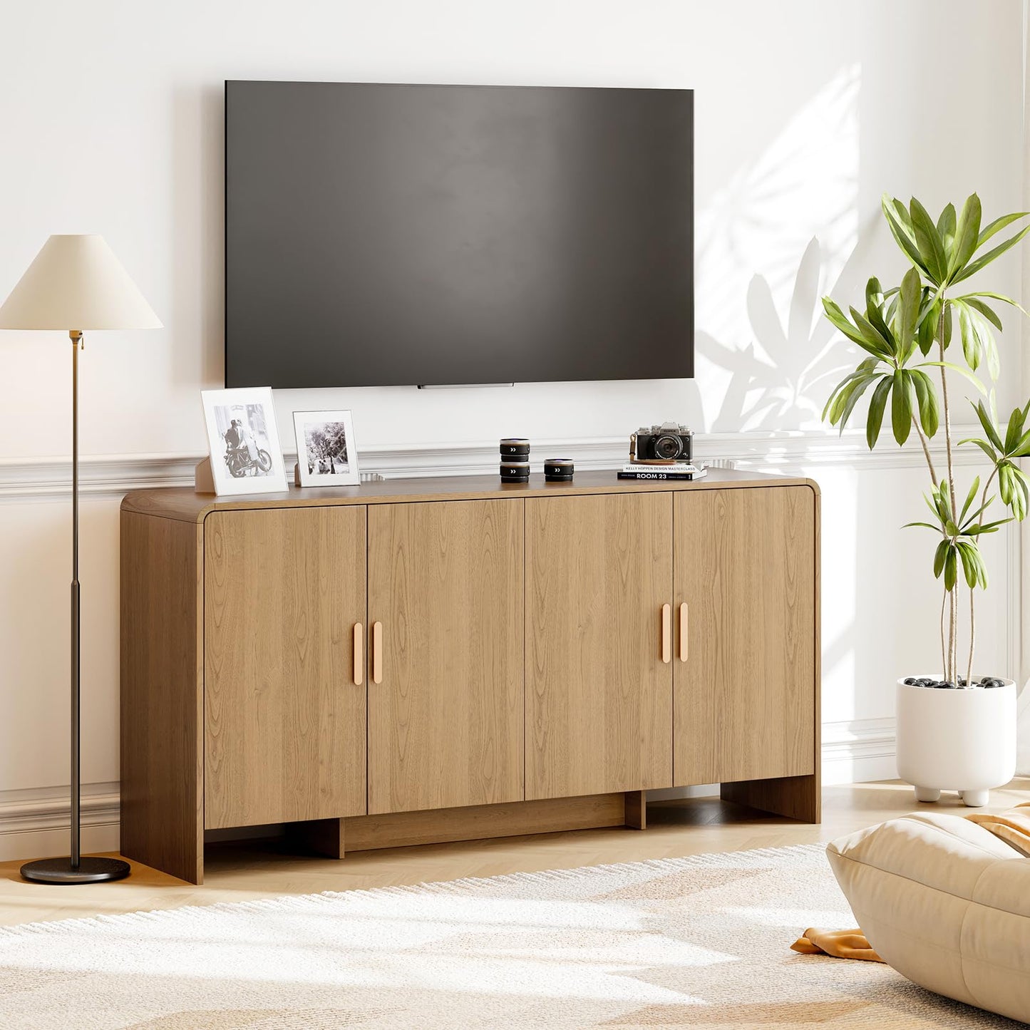 60" Curved Sideboard Buffet Cabinet with 4 Doors and Adjustable Shelves, Farmhouse Coffee Bar Storage for Living Room, Kitchen, or Hallway, Oak