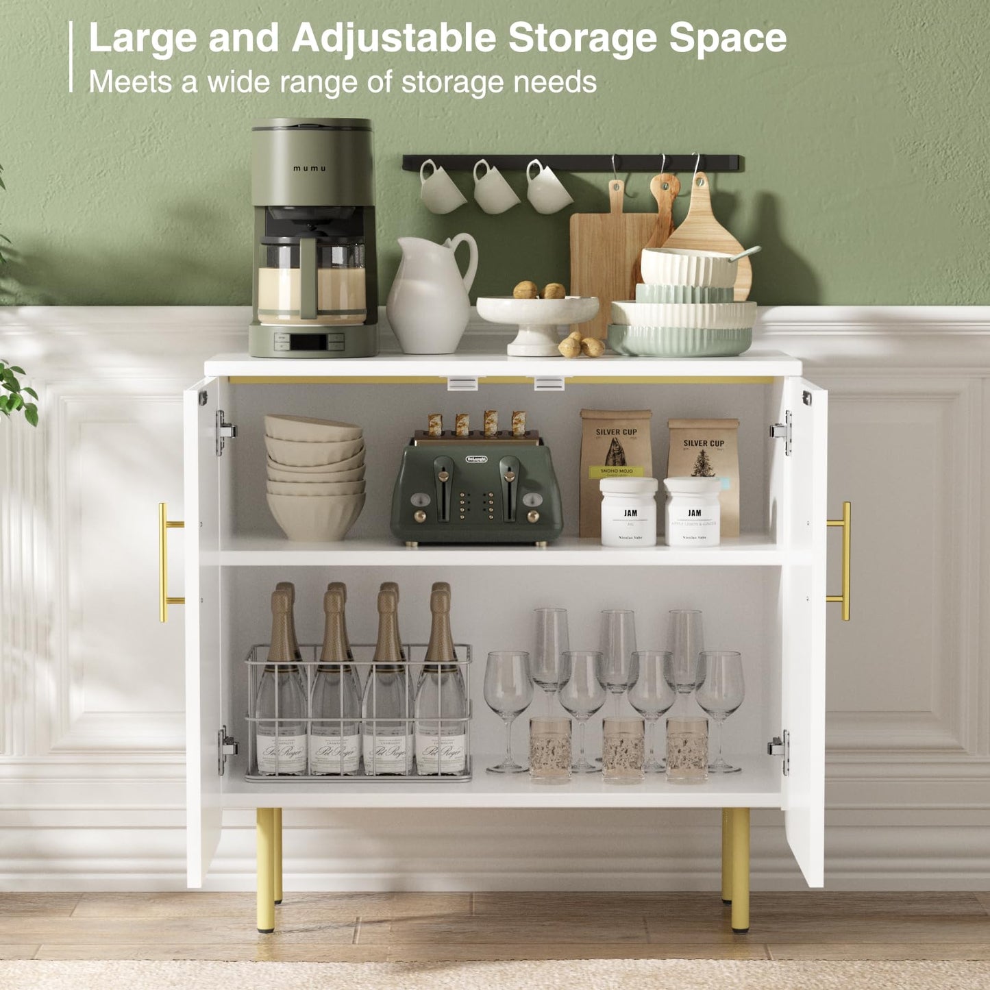 Buffet Cabinet with 2 Doors and Adjustable Shelf, Fluted Modern Sideboard Accent Cabinet for Living Room, White