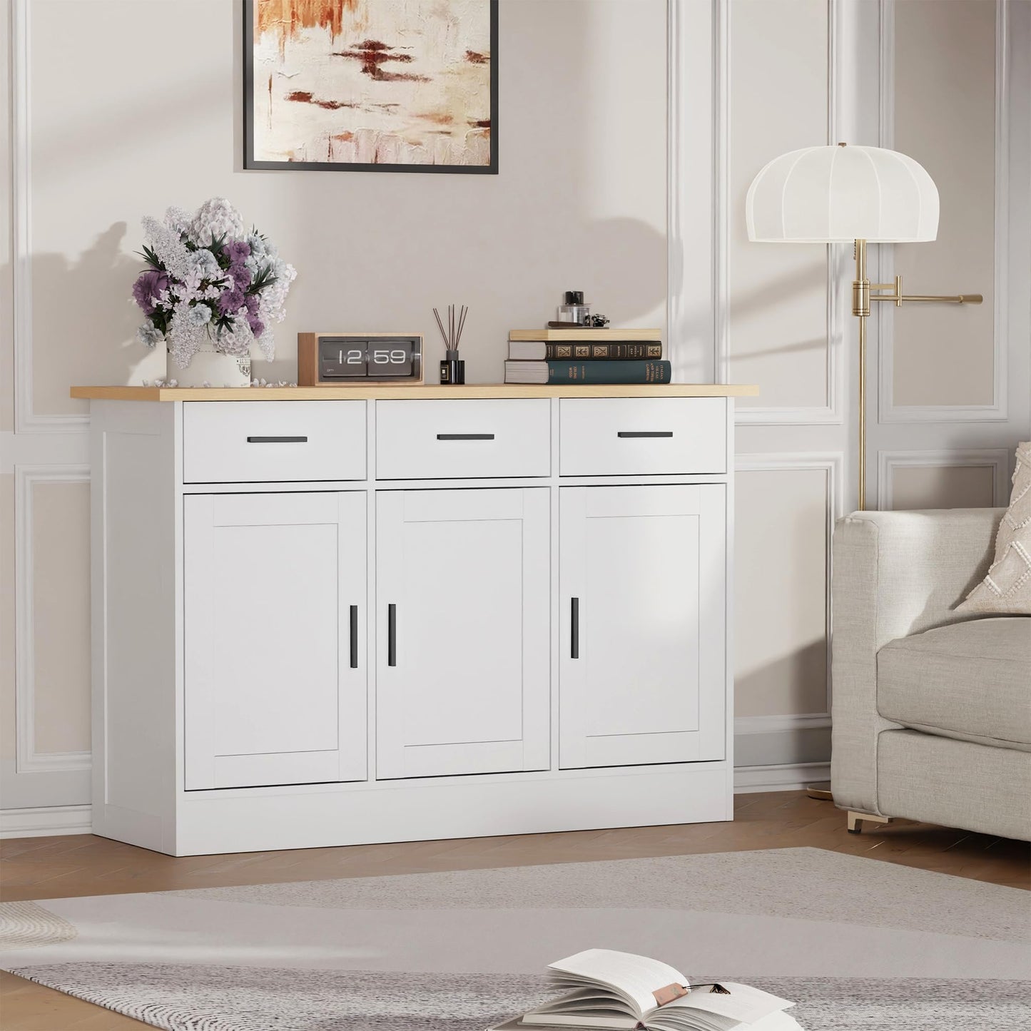 White Buffet Cabinet with Storage, Modern Wooden Narrow Sideboard Credenza with Doors for Entryway or Living Room