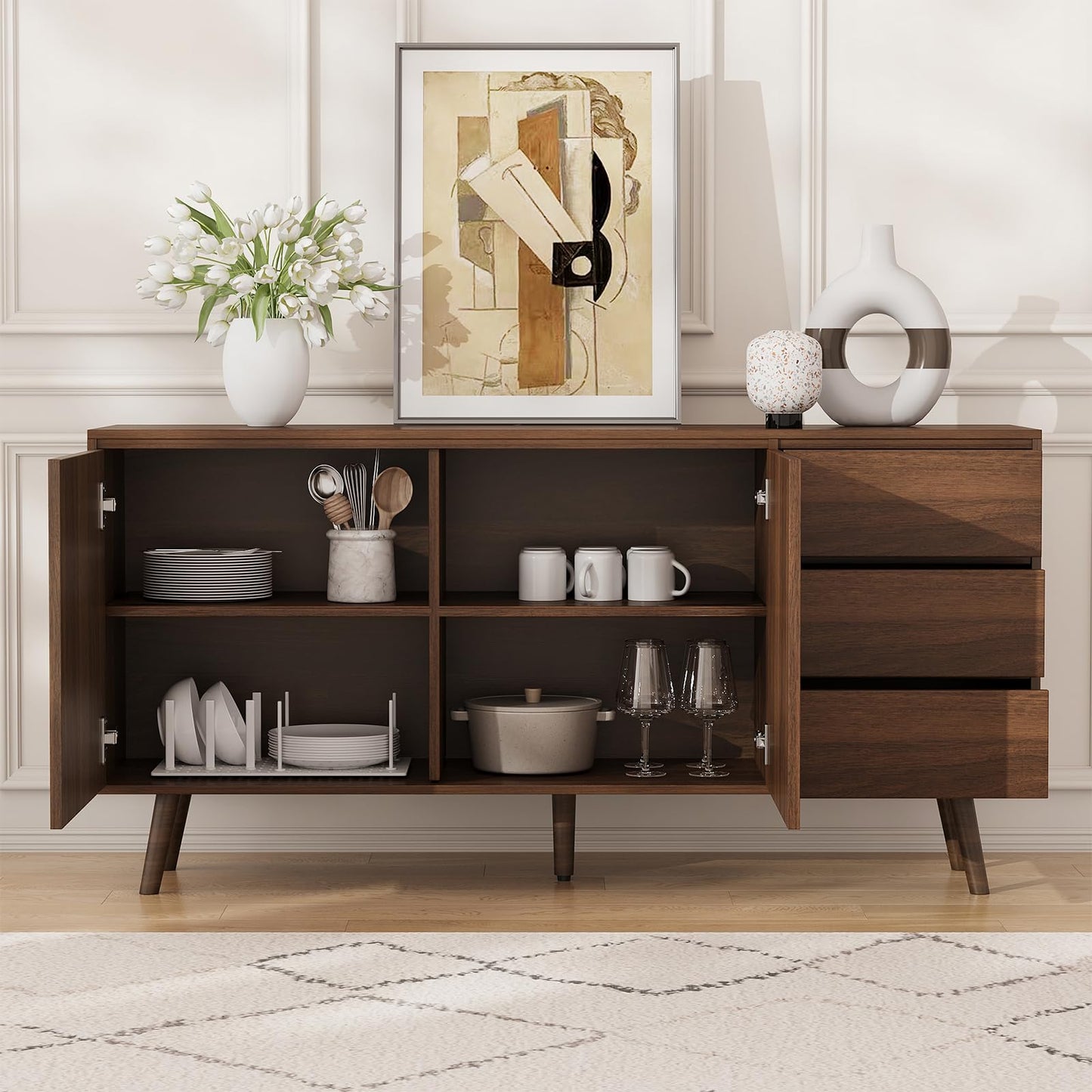 **59.8" Large Buffet Cabinet with 2 Doors and 3 Drawers, Diamond-Pattern Console Table for Kitchen or Dining Room Storage**