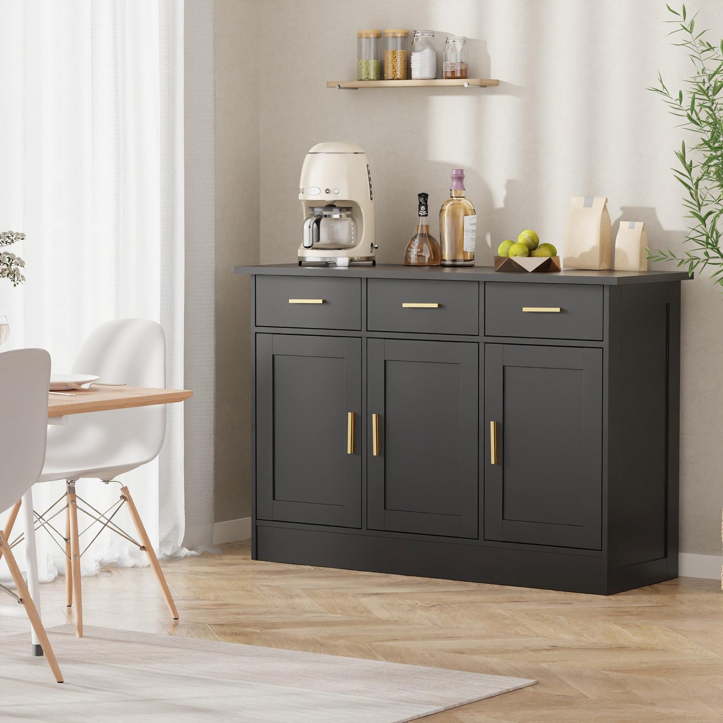 Modern Narrow Sideboard Cabinet with Marble Top, White Buffet Storage Cabinet for Kitchen or Living Room