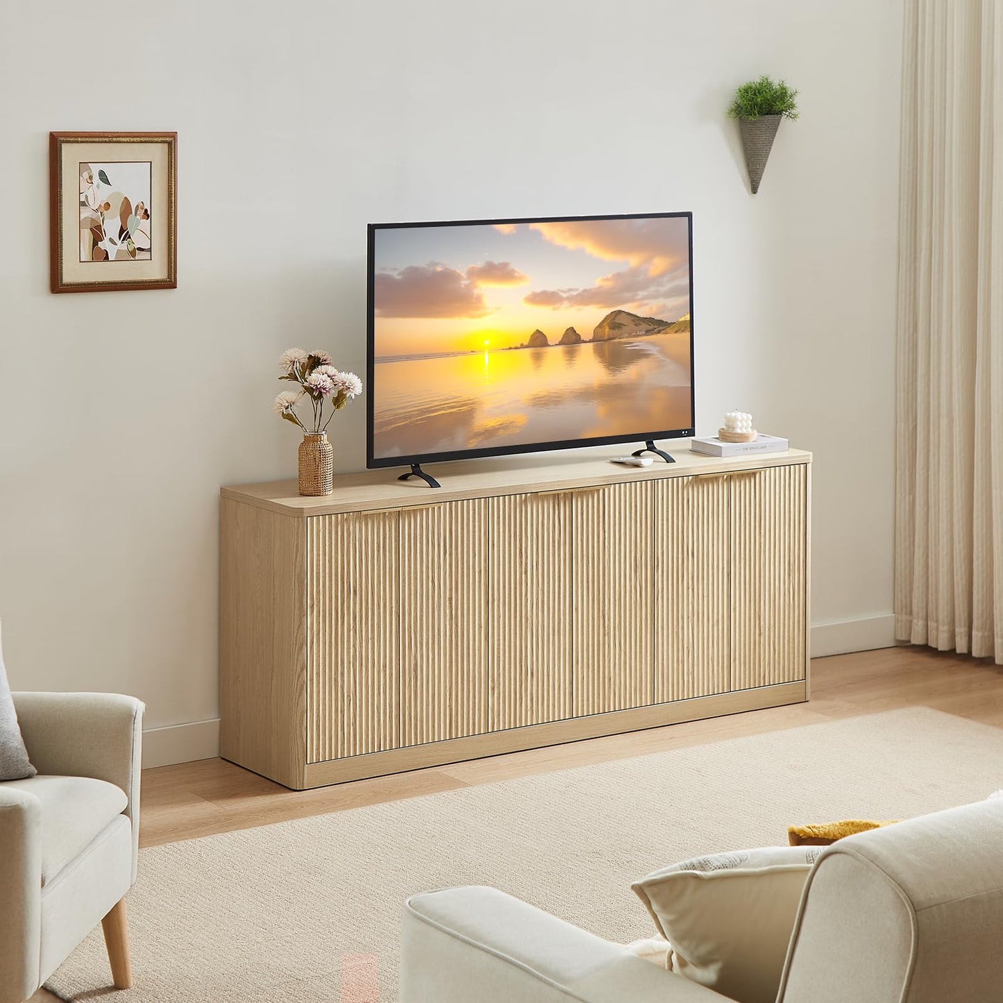 67" Fluted Oak Buffet Cabinet Sideboard with 6 Doors, Large Wood Mid-Century Modern Credenza Storage for Kitchen and Living Room