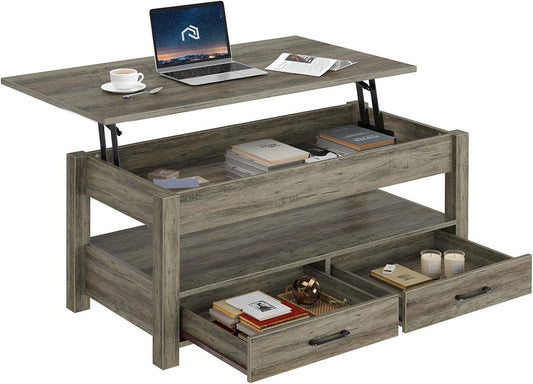 Rolanstar 47.2" Lift Top Coffee Table with Drawers & Hidden Compartment – Retro Wooden Central Table with Adjustable Lift Tabletop for Living Room, Washed Oak