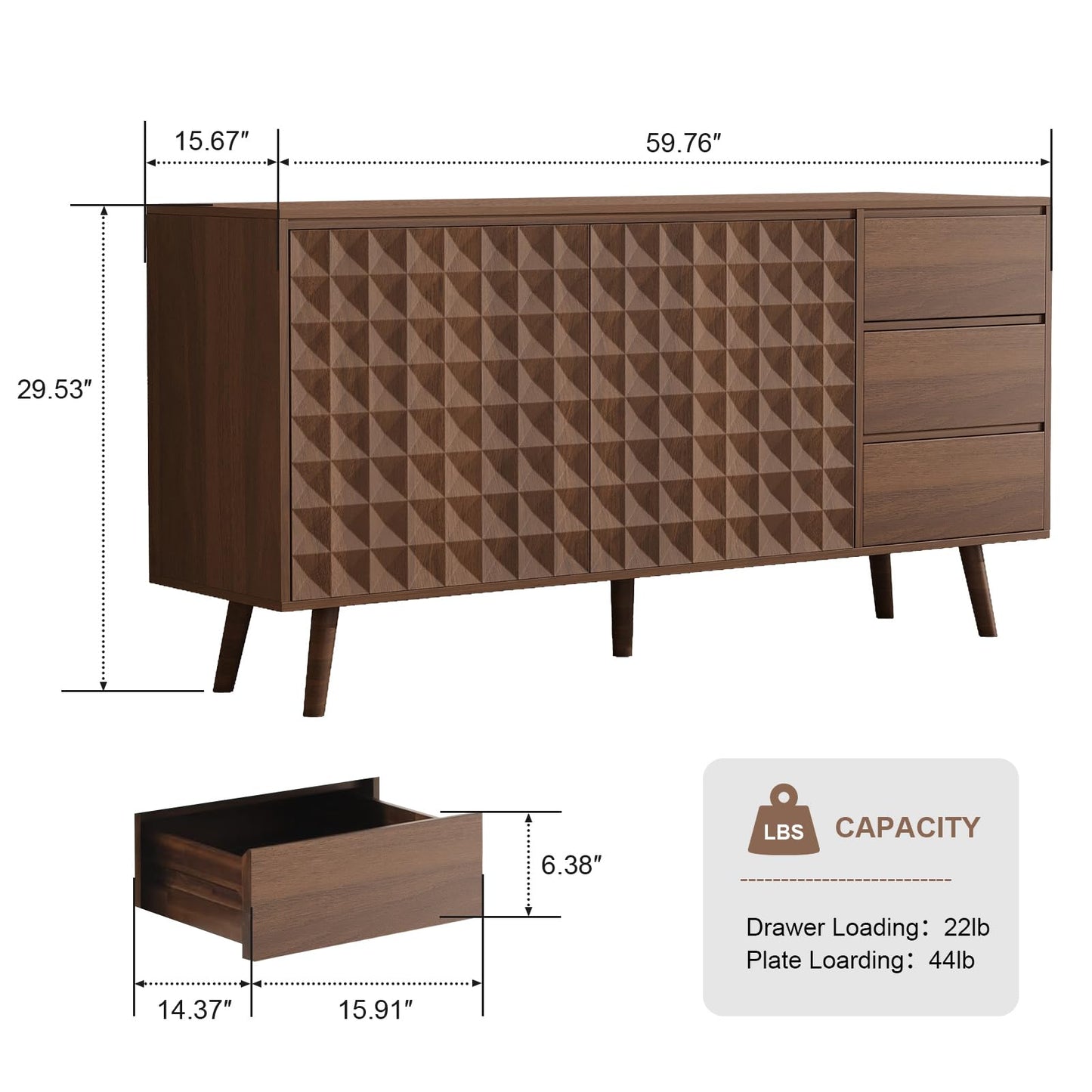 **59.8" Large Buffet Cabinet with 2 Doors and 3 Drawers, Diamond-Pattern Console Table for Kitchen or Dining Room Storage**