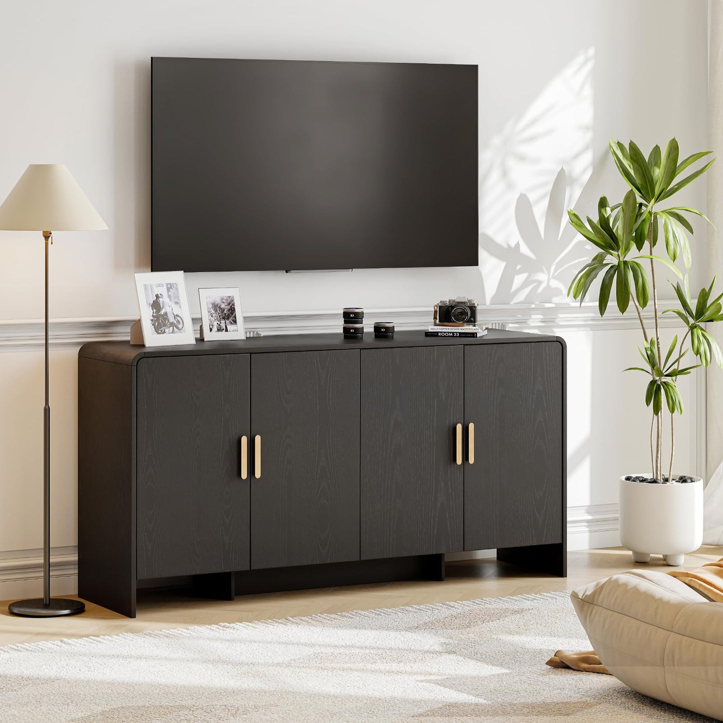 60" Curved Sideboard Buffet Cabinet with 4 Doors and Adjustable Shelves, Farmhouse Coffee Bar Storage for Living Room, Kitchen, or Hallway, Black