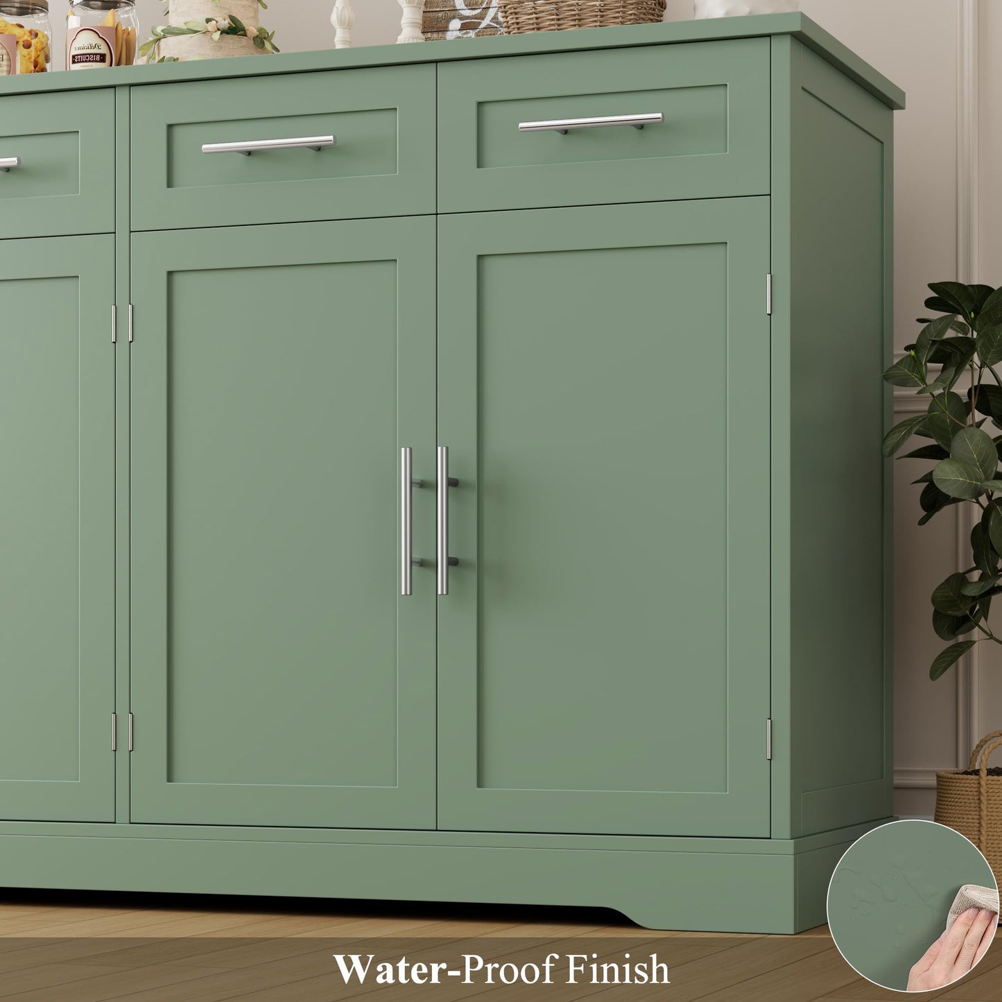 60" Large Buffet Sideboard with 4 Drawers and Storage, 36" Tall Modern Kitchen Cabinet with Gold Handles, Green