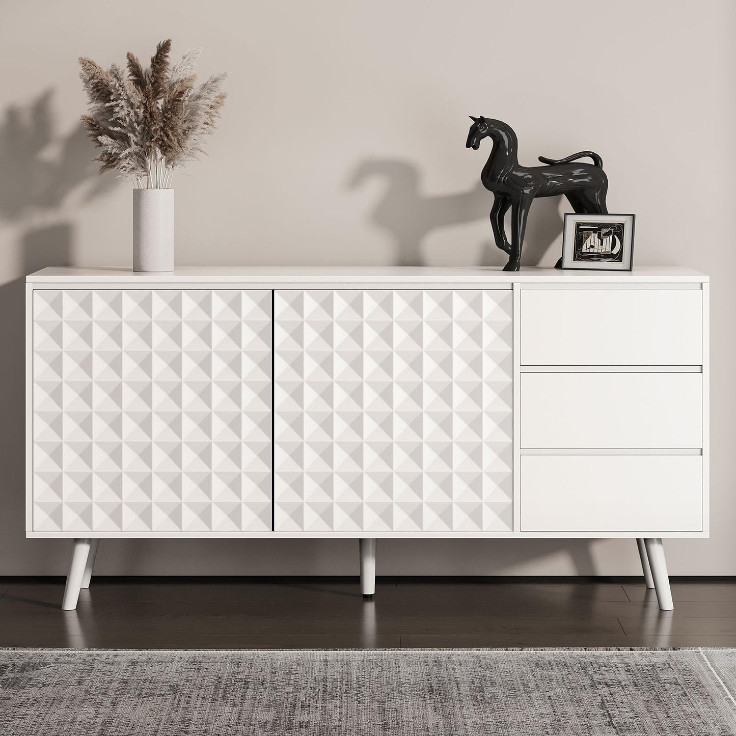 **59.8" Large Buffet Sideboard Cabinet with 2 Doors and 3 Drawers, Diamond-Pattern Console with Adjustable Shelves for Kitchen or Dining Room**