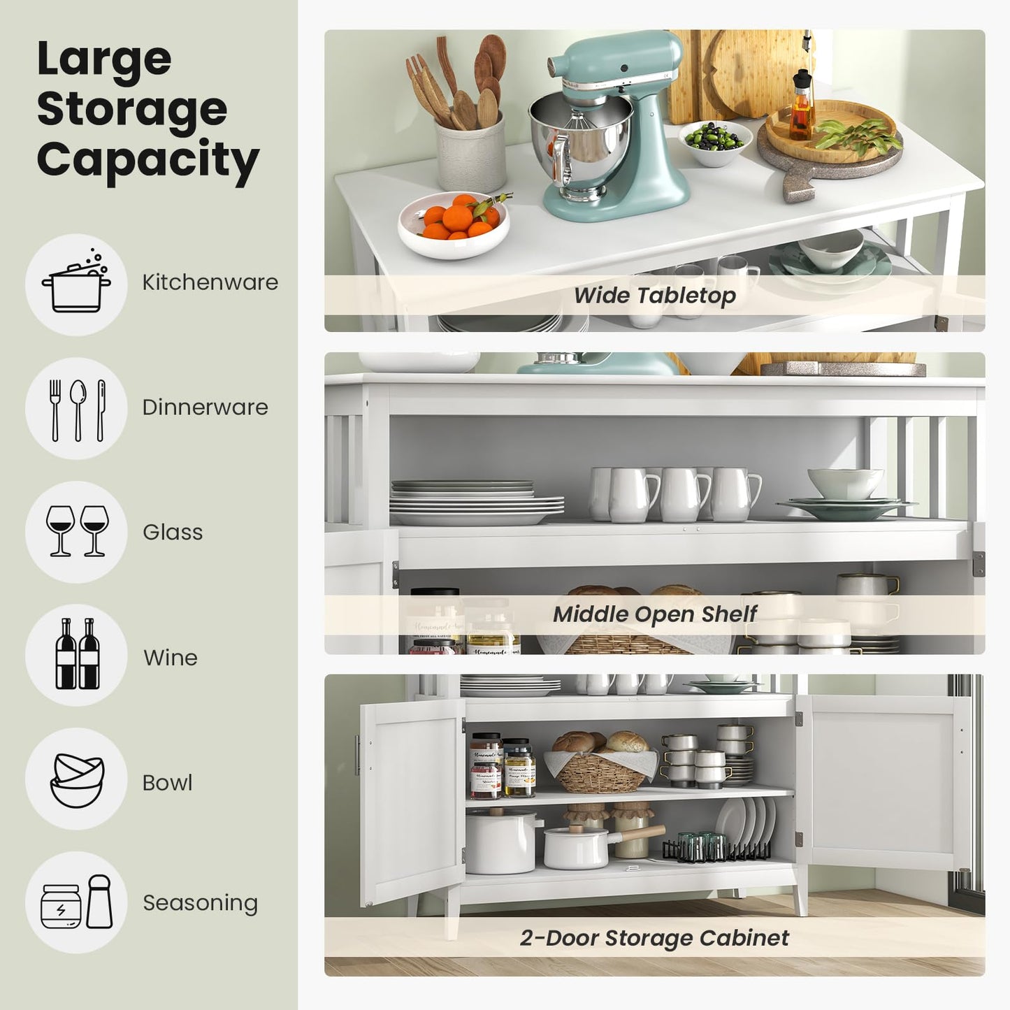 Freestanding Buffet Cabinet with Adjustable Shelf, Kitchen Storage Sideboard Console Table, 45" x 20" x 36", White
