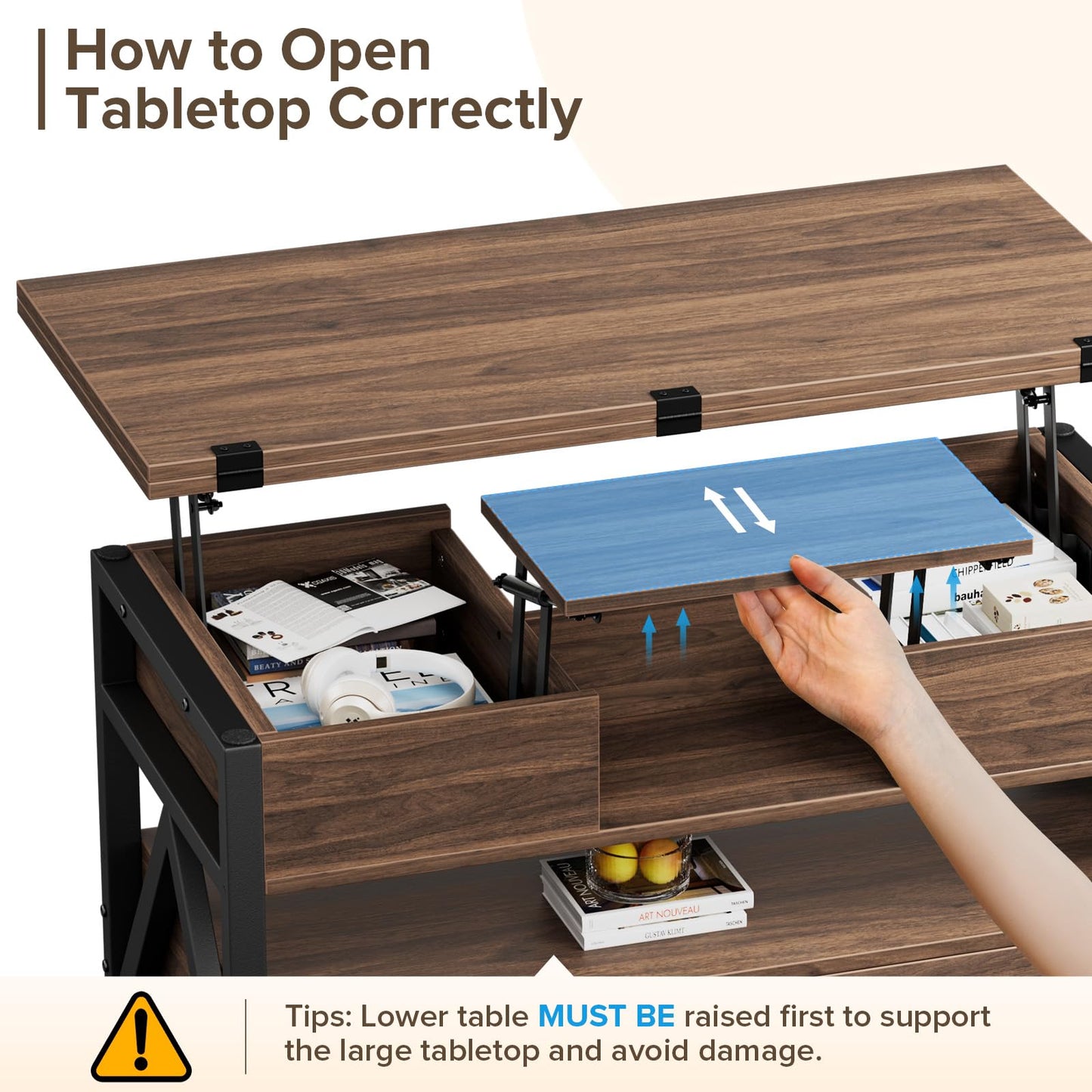 40" Lift Top Coffee Table, 4-in-1 Multi-Functional Farmhouse Coffee Table with Storage Drawers & Hidden Compartment, Lift Tabletop Center Table for Living Room, Walnut