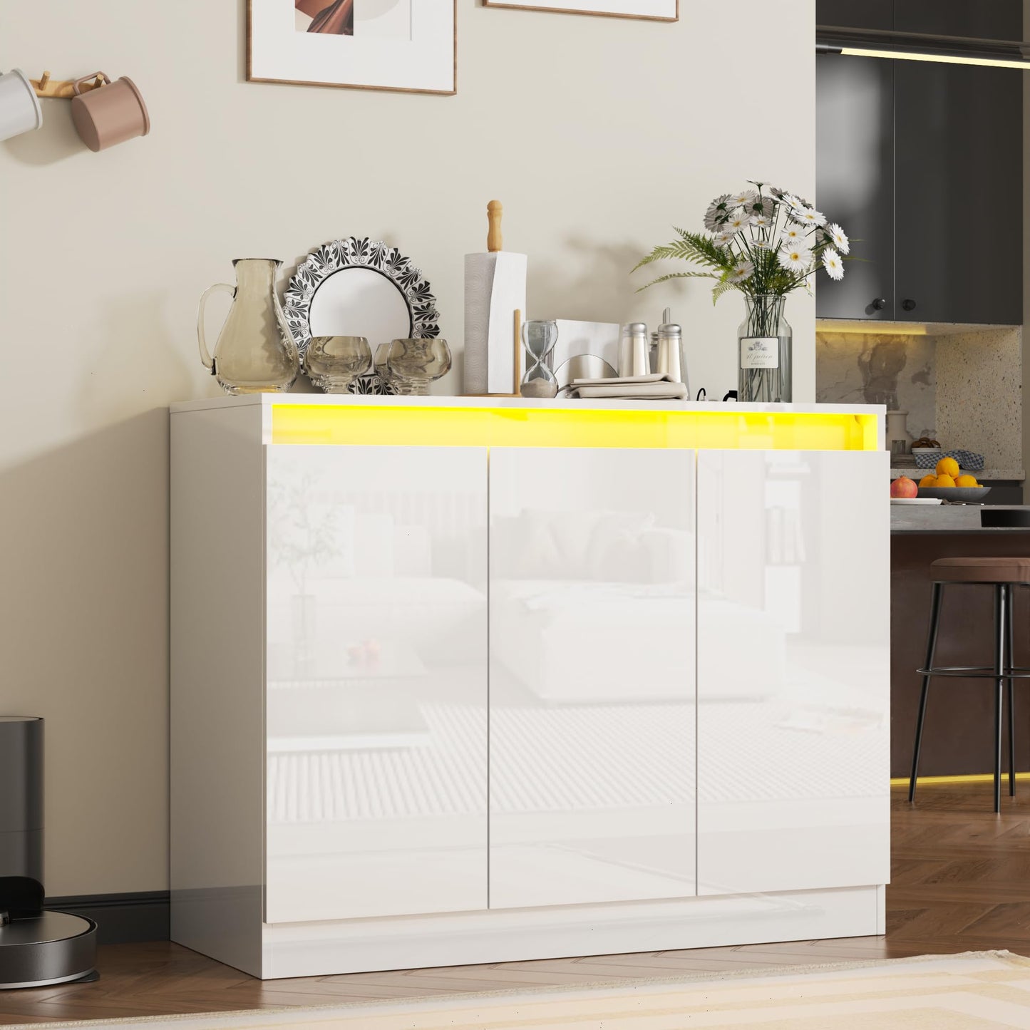 High Gloss Buffet Cabinet with LED Lights and Charging Station, Modern Handleless Sideboard Coffee Bar with 3 Doors for Living Room or Entryway, White