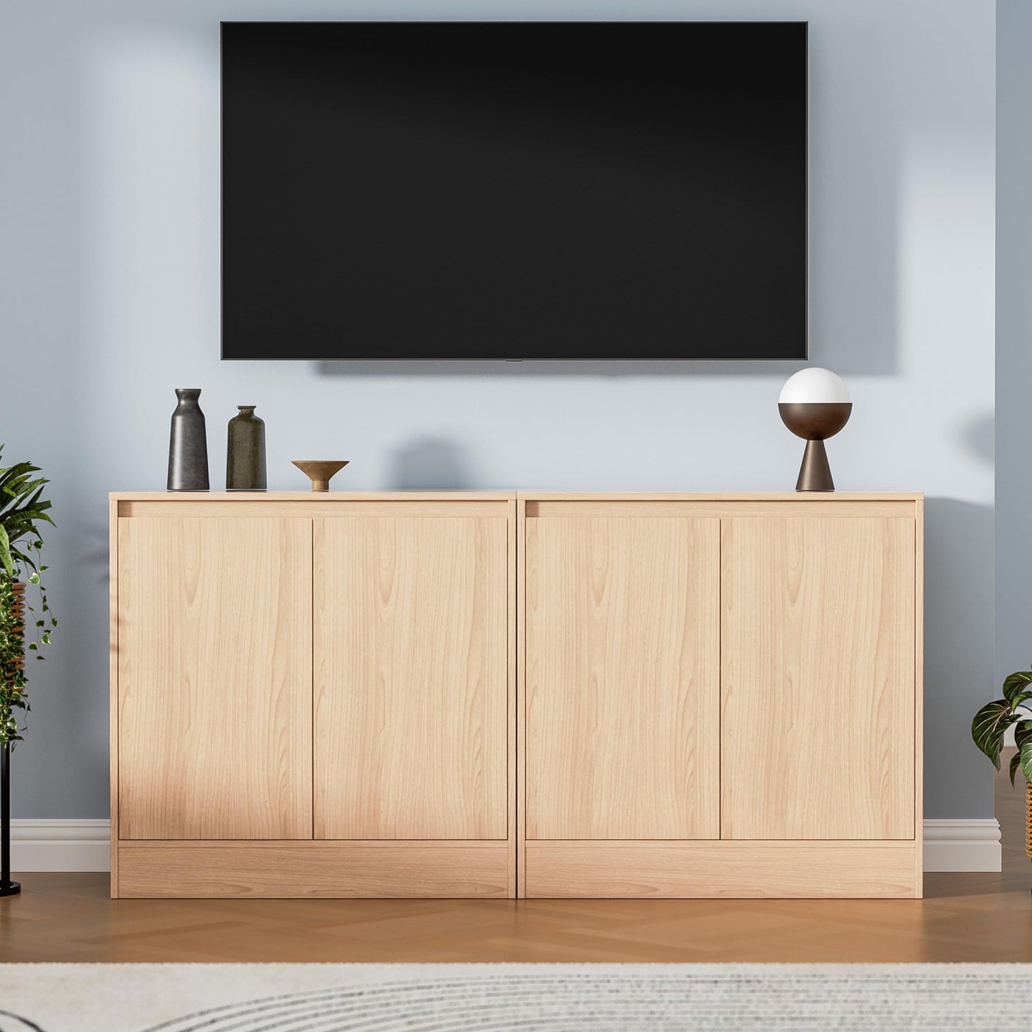 Set of 2 Oak Buffet Cabinets with 4 Doors and Adjustable Shelf, Modern Kitchen Sideboard Coffee Bar for Living Room or Kitchen