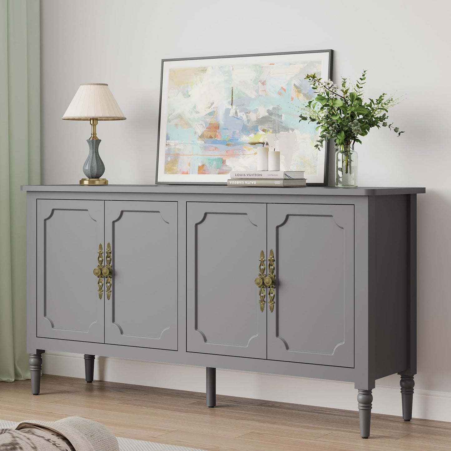 58" Large Sideboard Buffet Cabinet with Storage, Modern Credenza Coffee Bar Cabinet with Artistic Carved Handles for Dining or Living Room, Forest Green