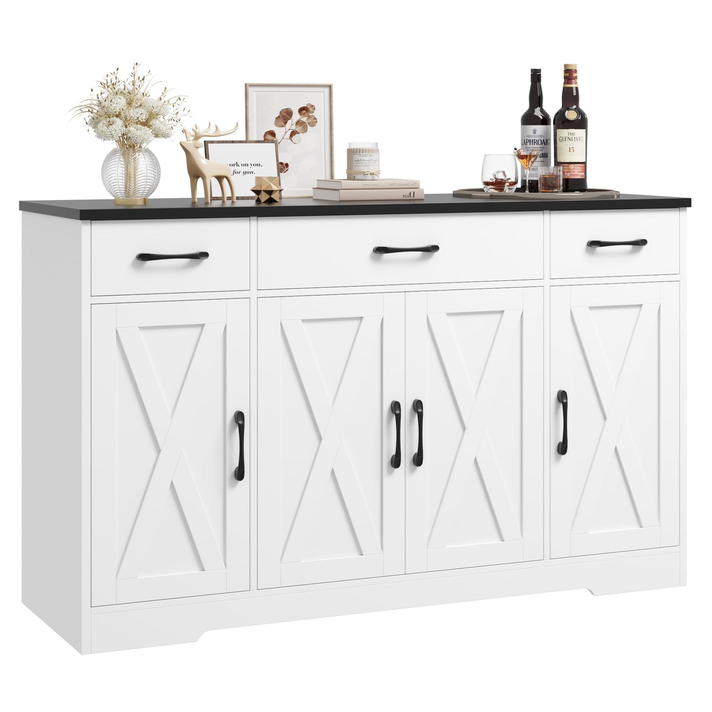 55" Large Buffet Sideboard Cabinet with Drawers, Shelves, and Doors, Modern Farmhouse Coffee Bar Station for Kitchen or Dining Room, White/Black