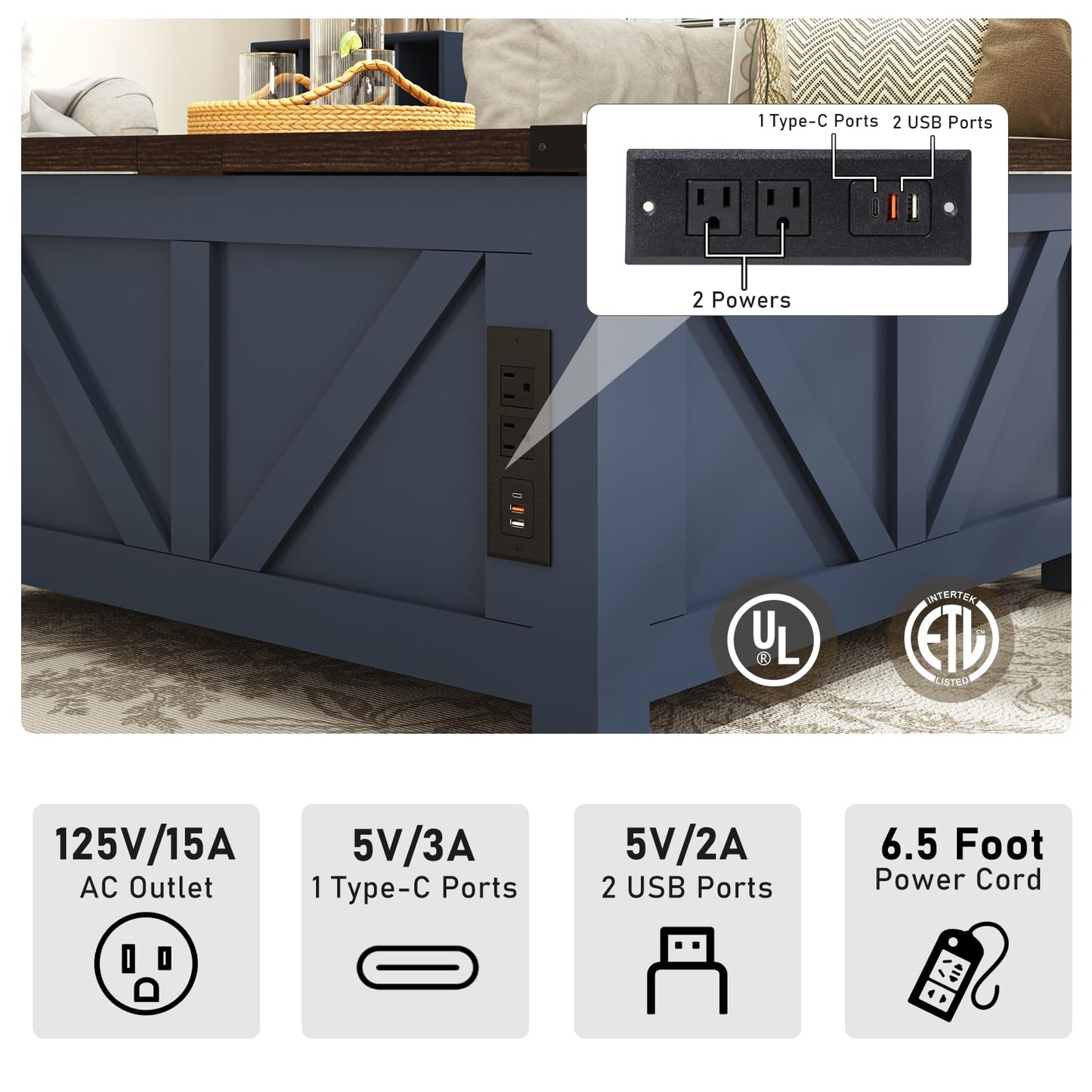 Farmhouse Lift Top Coffee Table with Storage and Charging Station – Blue Wood Square Center Table with USB Ports, Hidden Compartment, and Spacious Storage for Living Room, Bedroom, or Home Office