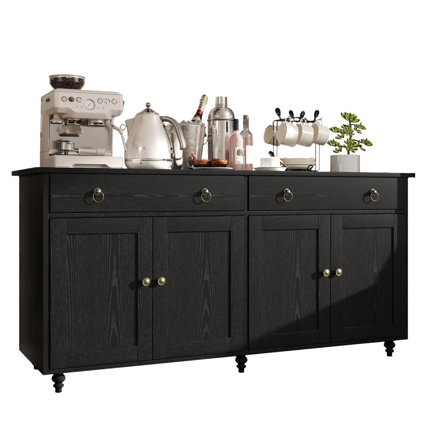 **55" Buffet Cabinet with Storage, Black Sideboard with Drawers and Doors, Coffee Bar for Dining Room**