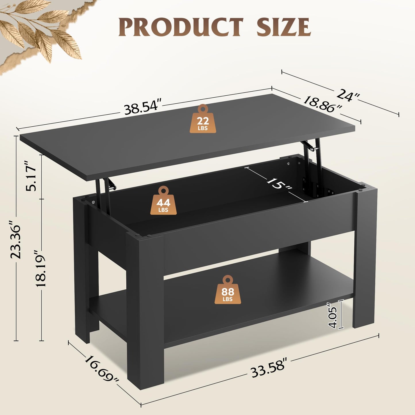 39" Lift Top Coffee Table with Hidden Compartment and Storage Shelf for Living Room or Office, Black