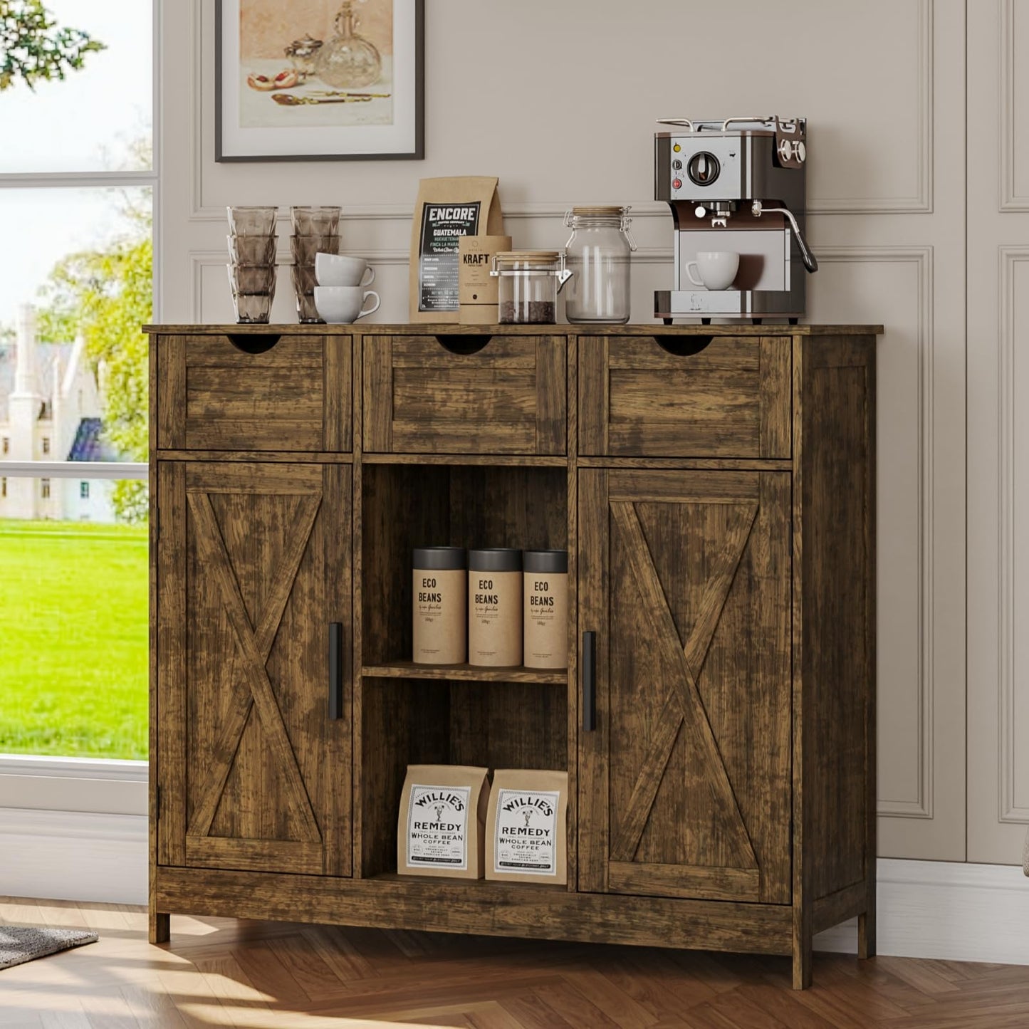 Storage Cabinet with 2 Doors, 3 Drawers, and 2 Adjustable Shelves, Coffee Bar Sideboard for Bathroom, Kitchen, or Living Room, Retro