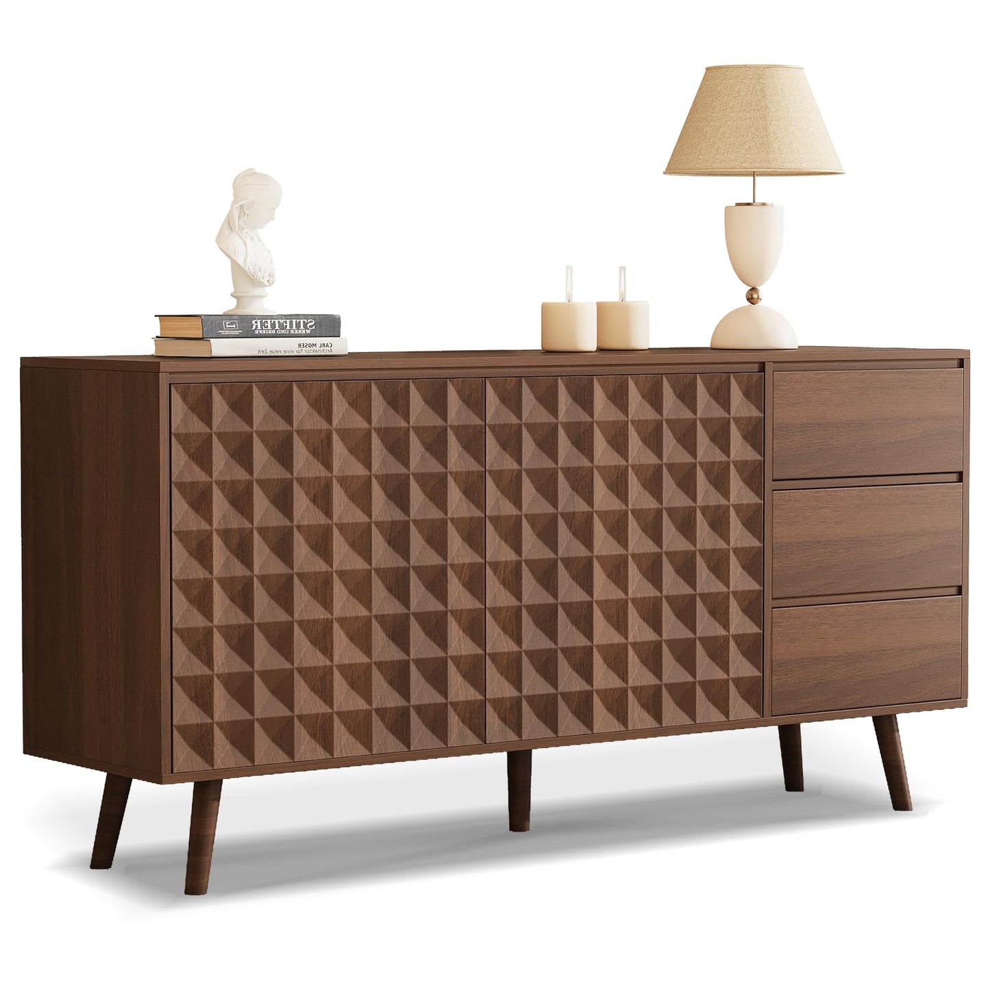 **59.8" Large Buffet Cabinet with 2 Doors and 3 Drawers, Diamond-Pattern Console Table for Kitchen or Dining Room Storage**