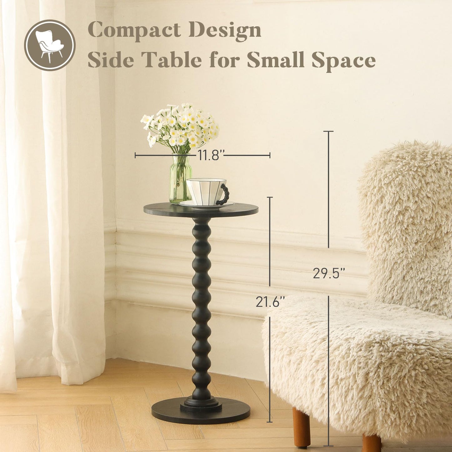 Round Side Table, Small Modern Drink Table with Solid Wood Legs for Living Room, Bedroom, Office, Black