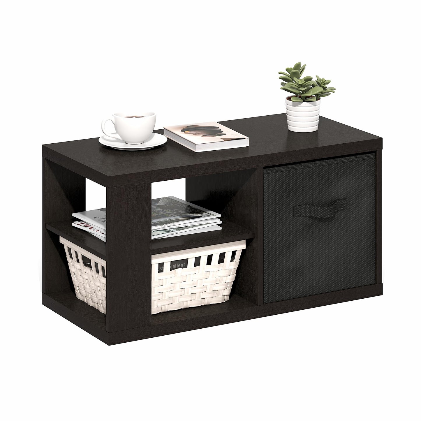 Modern Coffee Table with Open Shelves and Storage Bin, Stylish Side Table for Living Room, Dark Oak/Black
